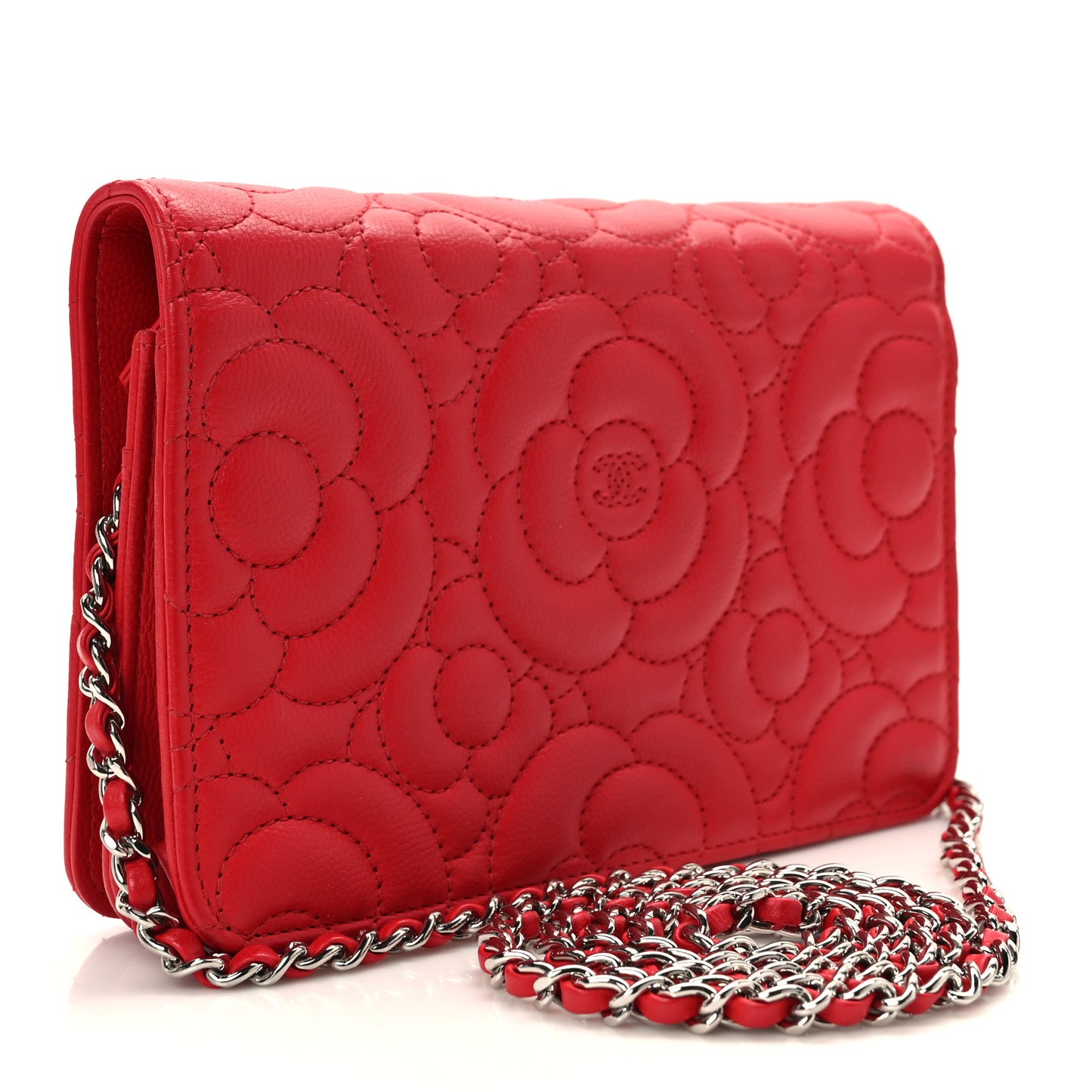 Caviar Camellia Embossed Wallet On Chain WOC Red