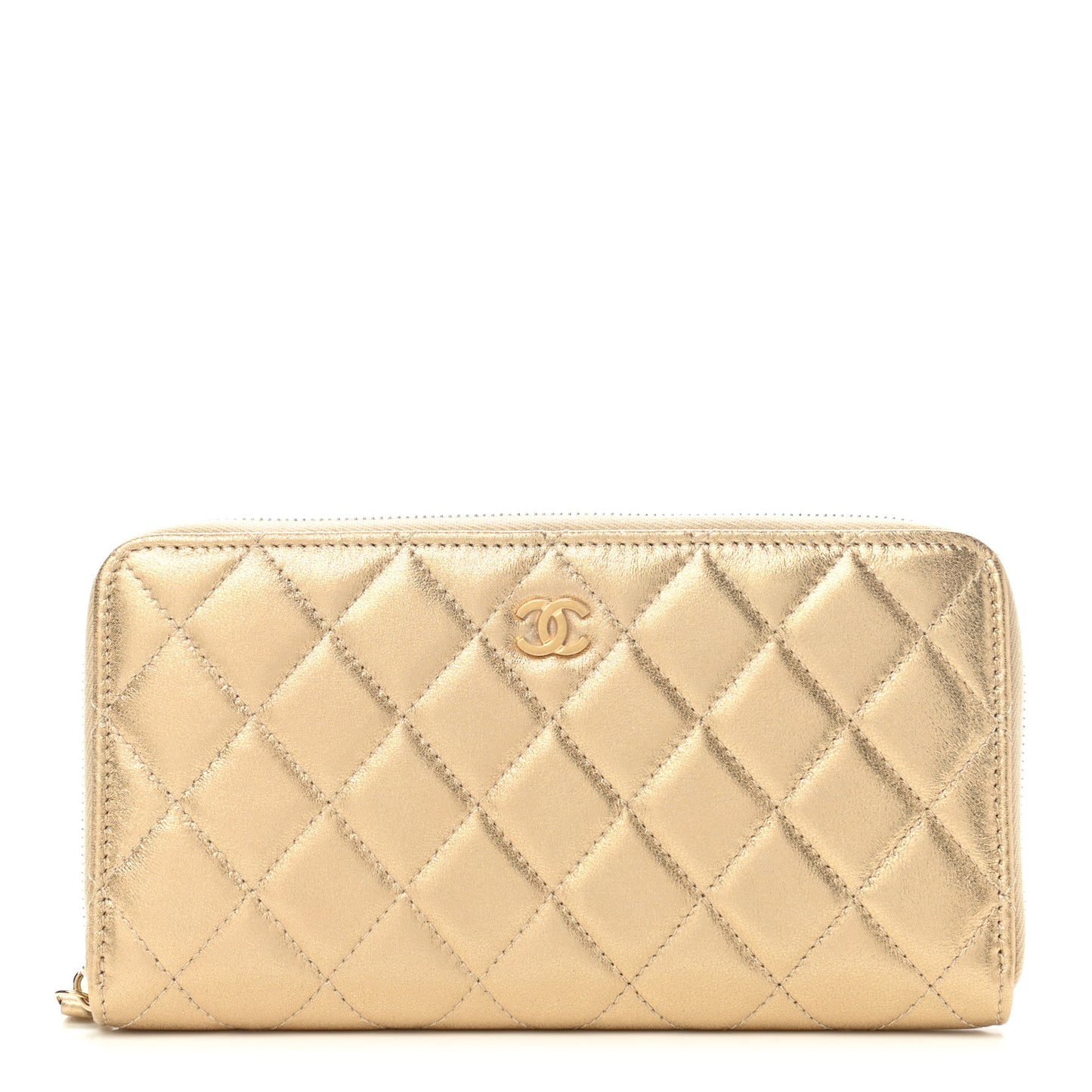 Metallic Lambskin Quilted Large Gusset Zip Around Wallet Gold
