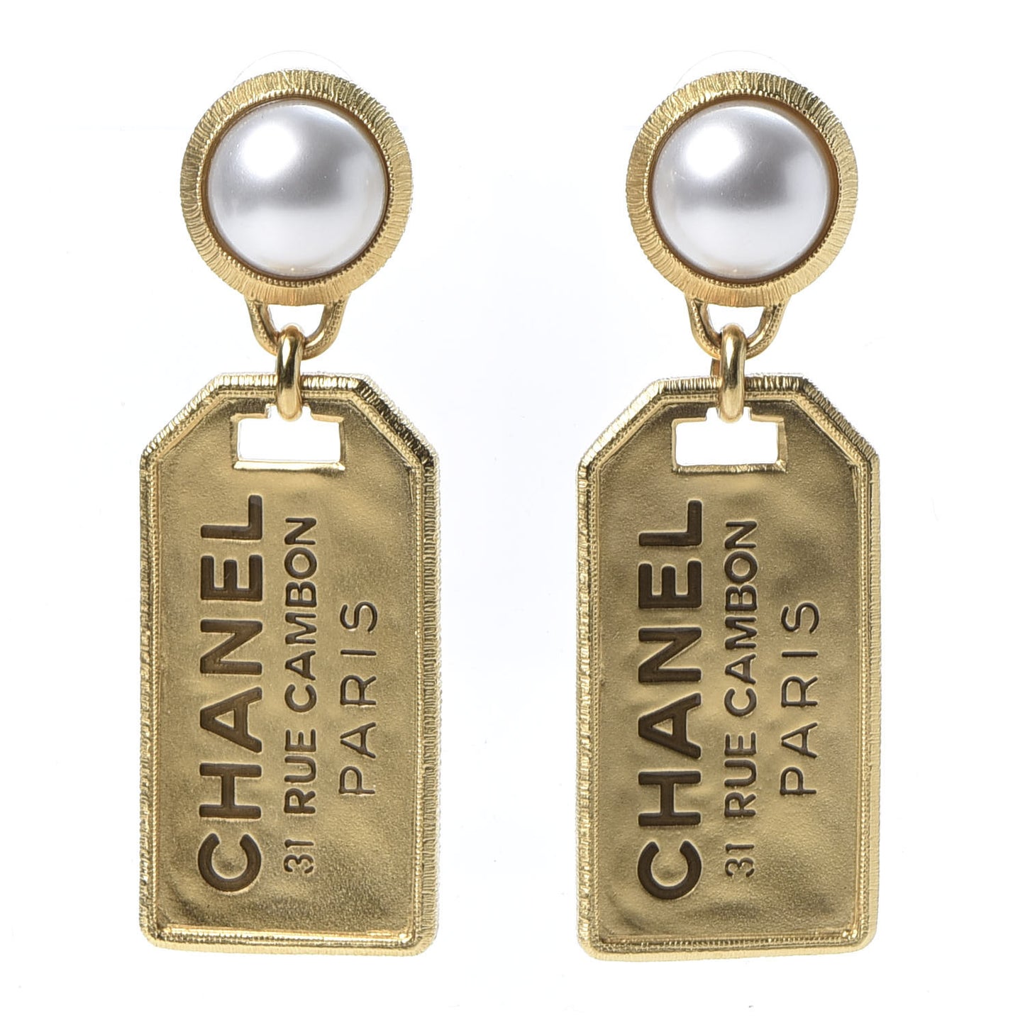 Pearl CC Tags Drop Earrings Gold