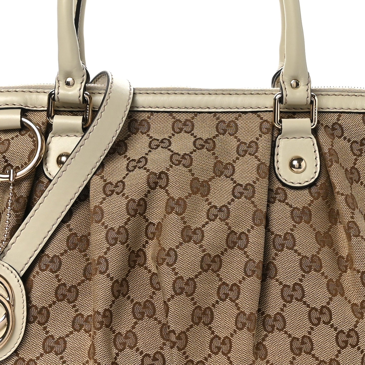Monogram Margaux Calfskin Medium Sukey Top Handle Bag Beige Ebony Mystic White