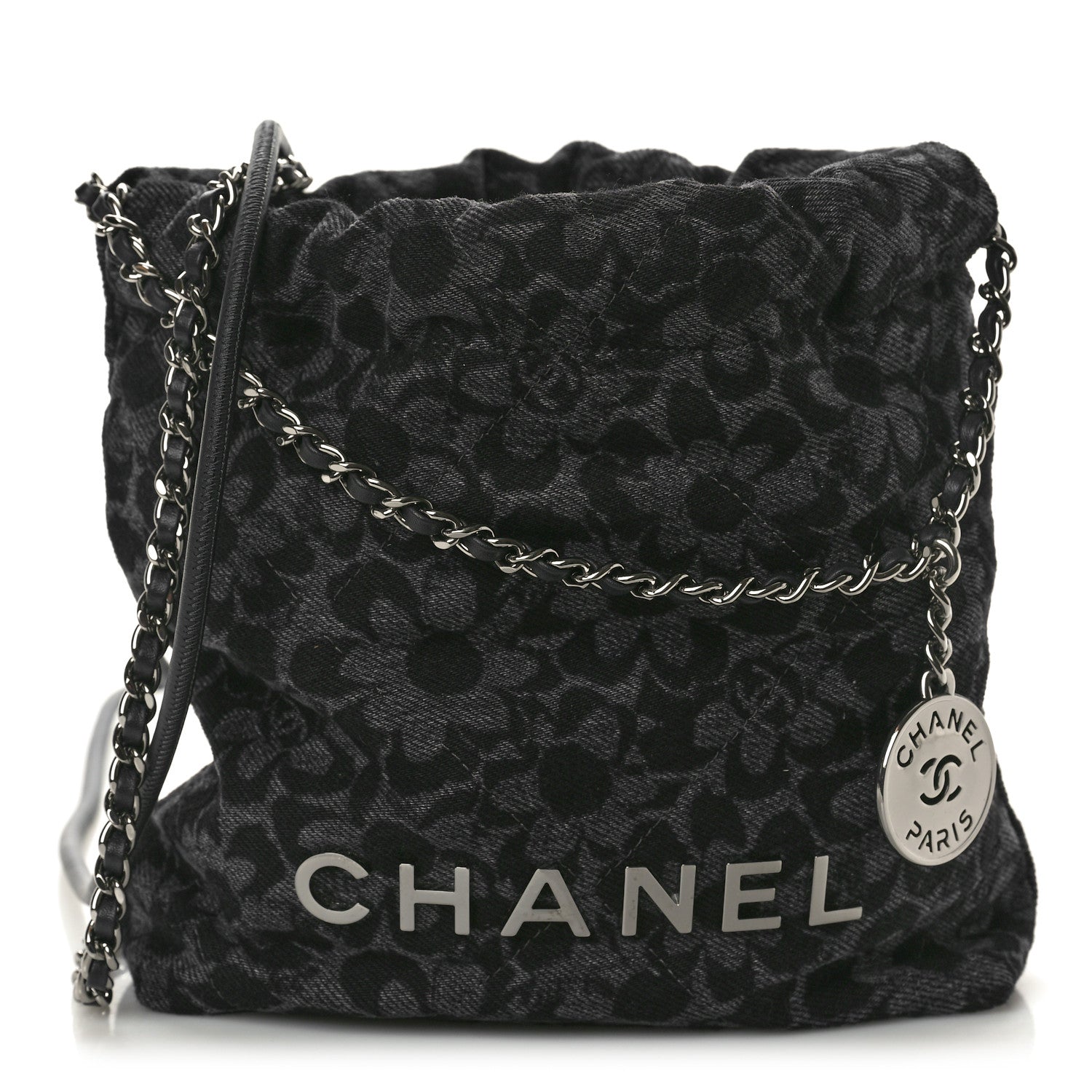 Chanel Denim Quilted Floral Print Mini Chanel 22 Black Grey
