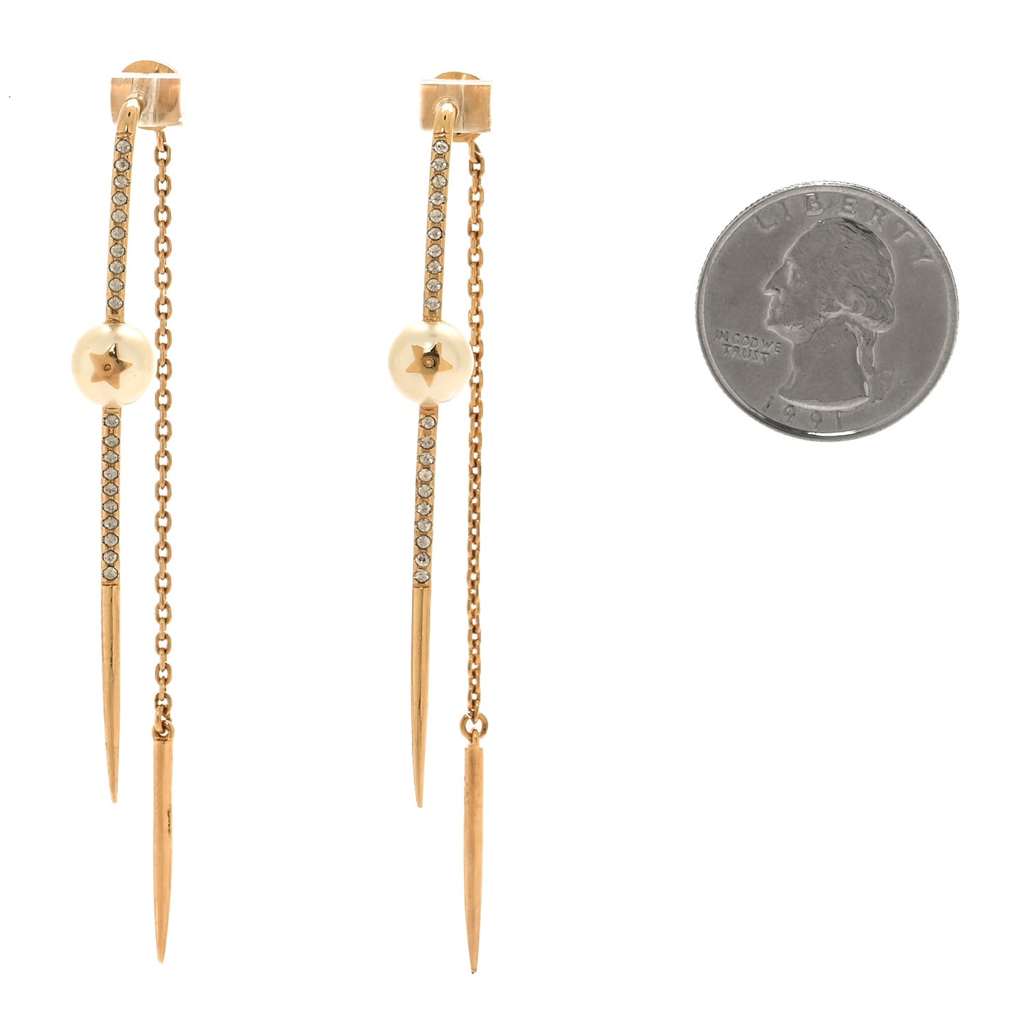 Pearl Crystal Star Needle Dangle Chain Earrings Gold