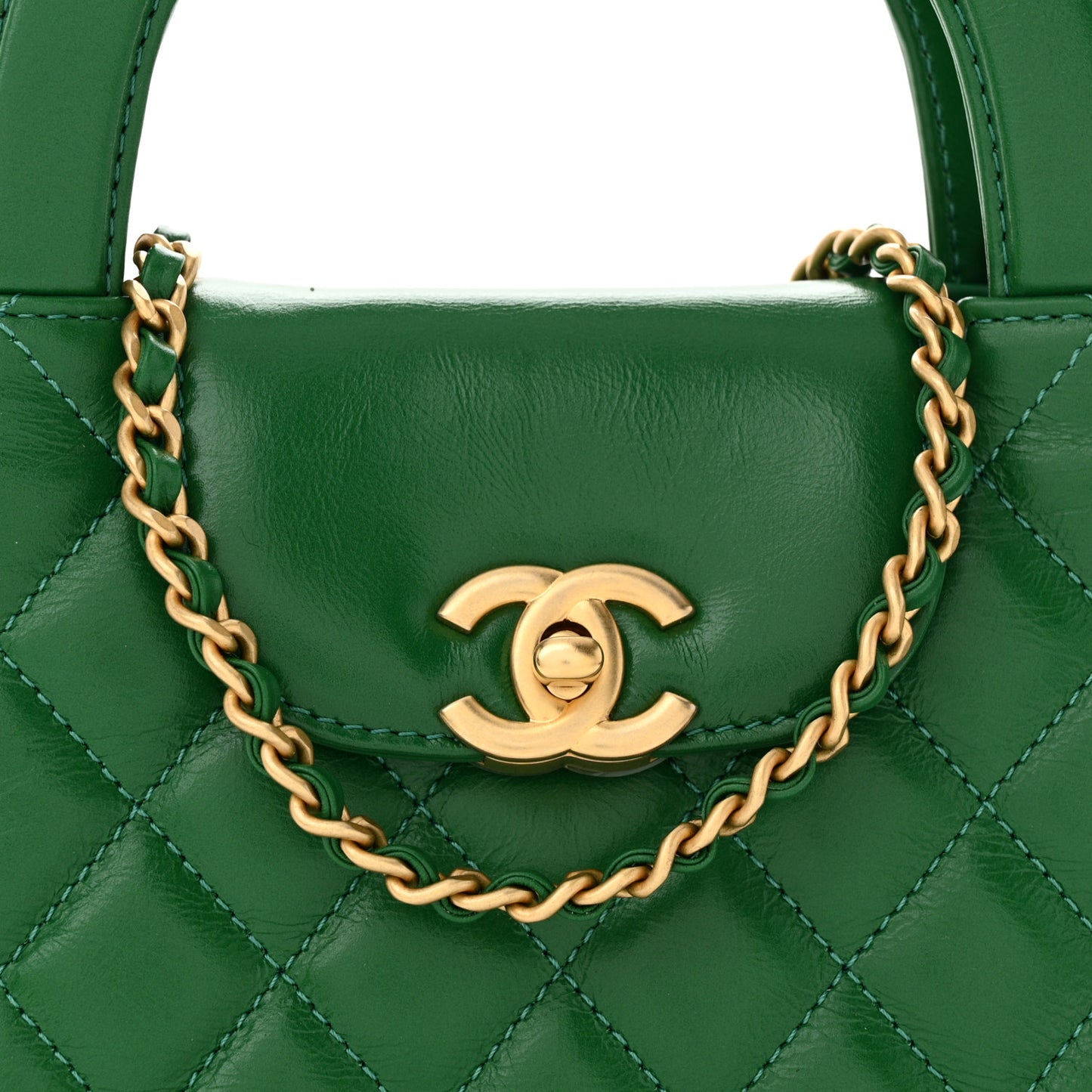 Shiny Aged Calfskin Quilted Nano Kelly Shopper Green