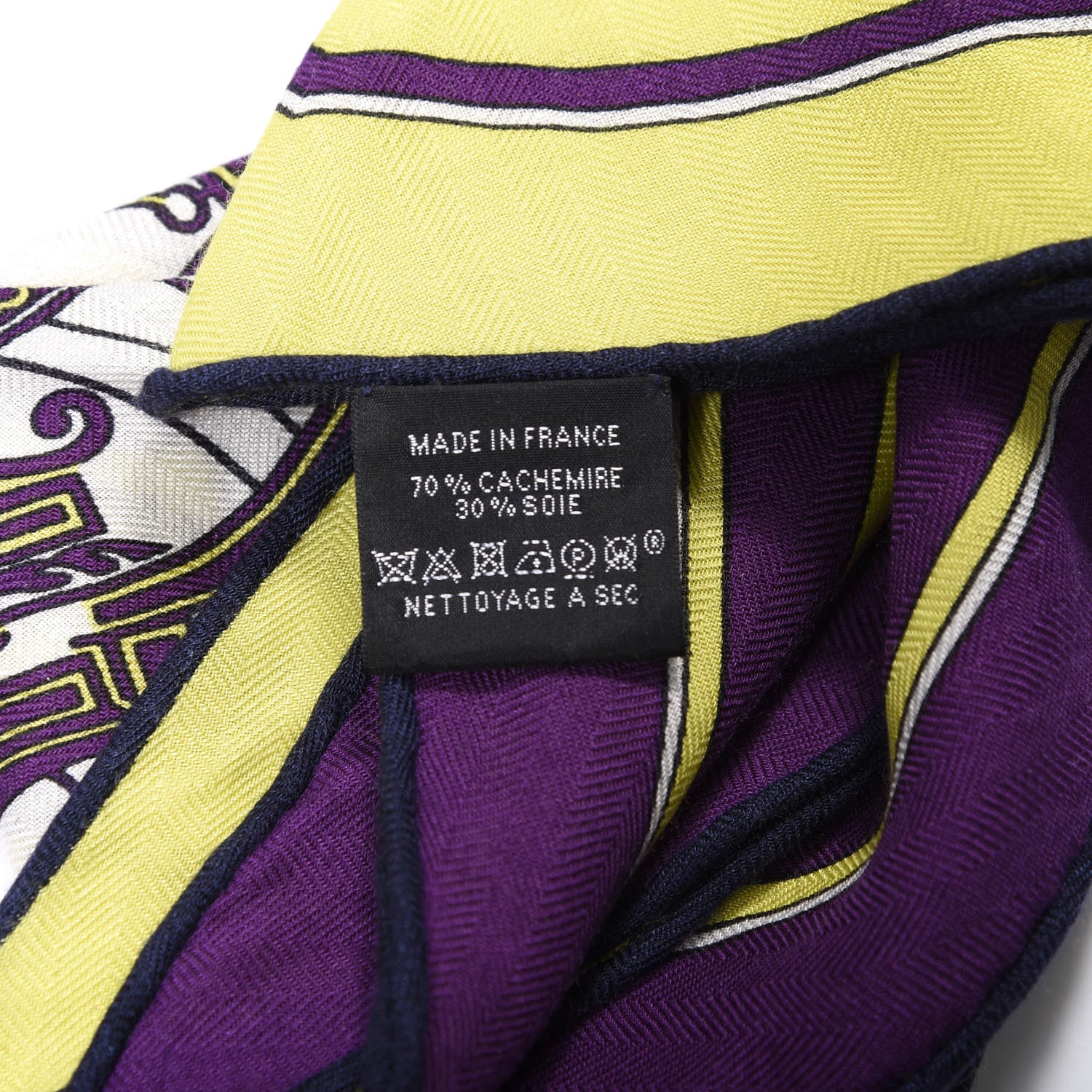 Hermes Cashmere Silk Ex-Libris Losange Scarf MM Jaune Fluo Violet Blanc 2 of 4