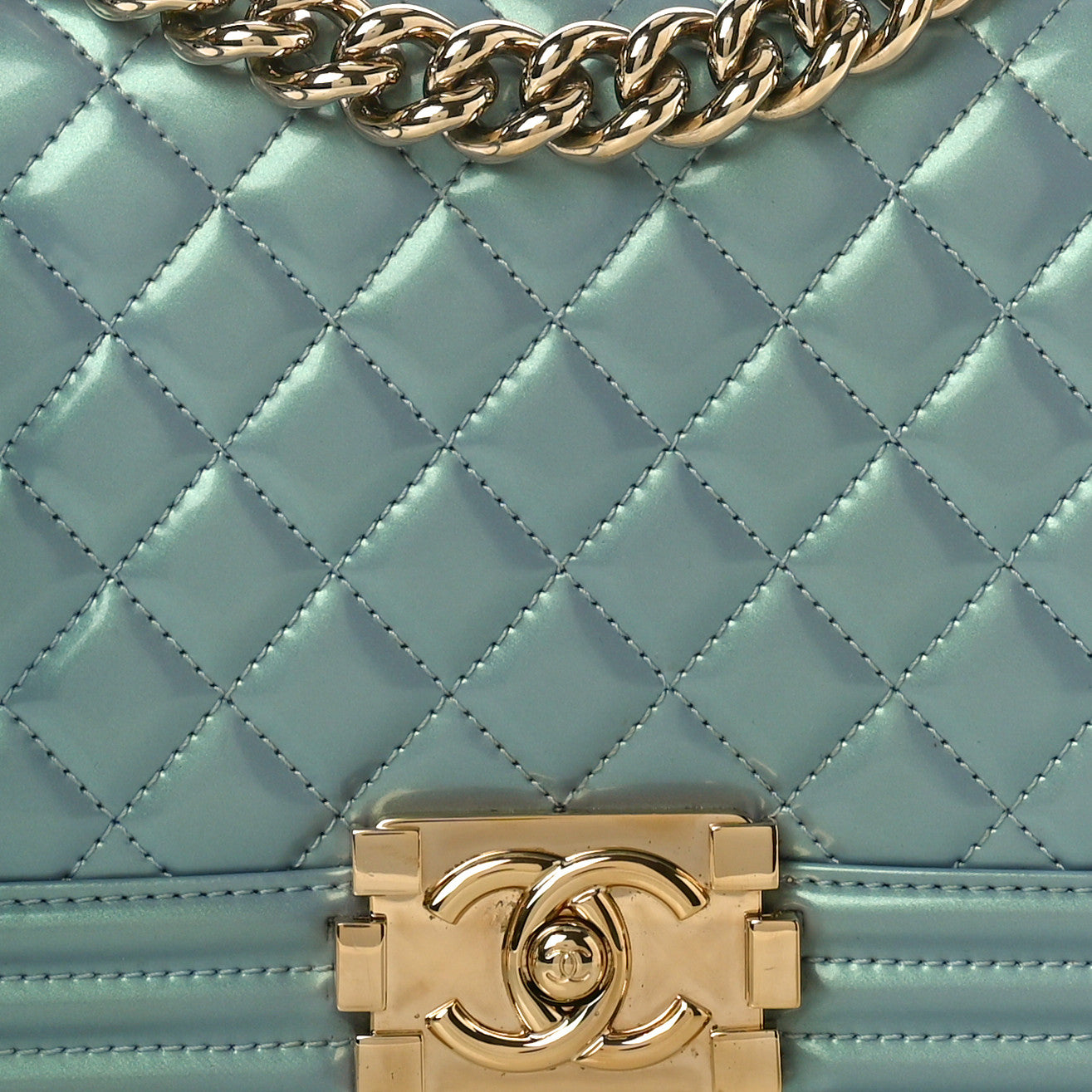 Iridescent Glazed Calfskin Quilted Medium Boy Flap Light Blue