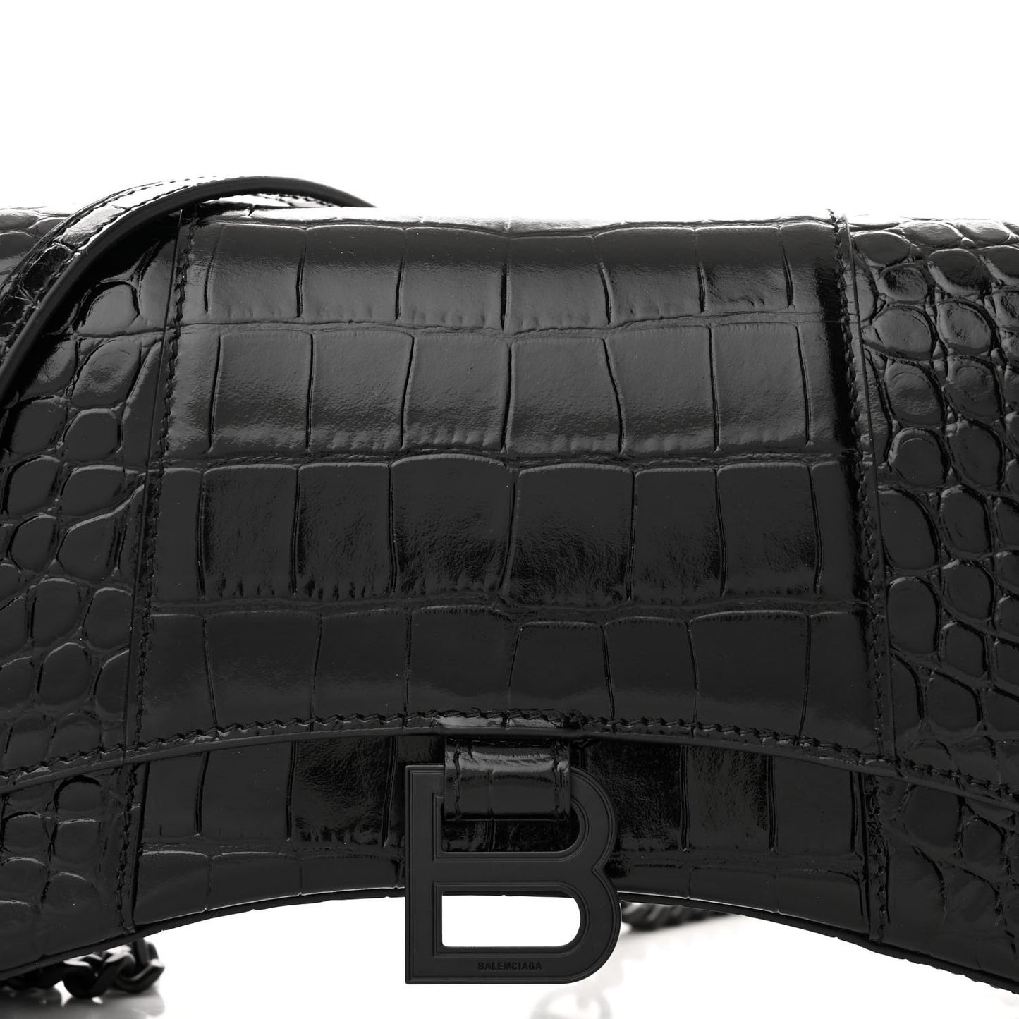 Shiny Calfskin Monochrome Crocodile Embossed Small Hourglass Evening Chain Bag Black