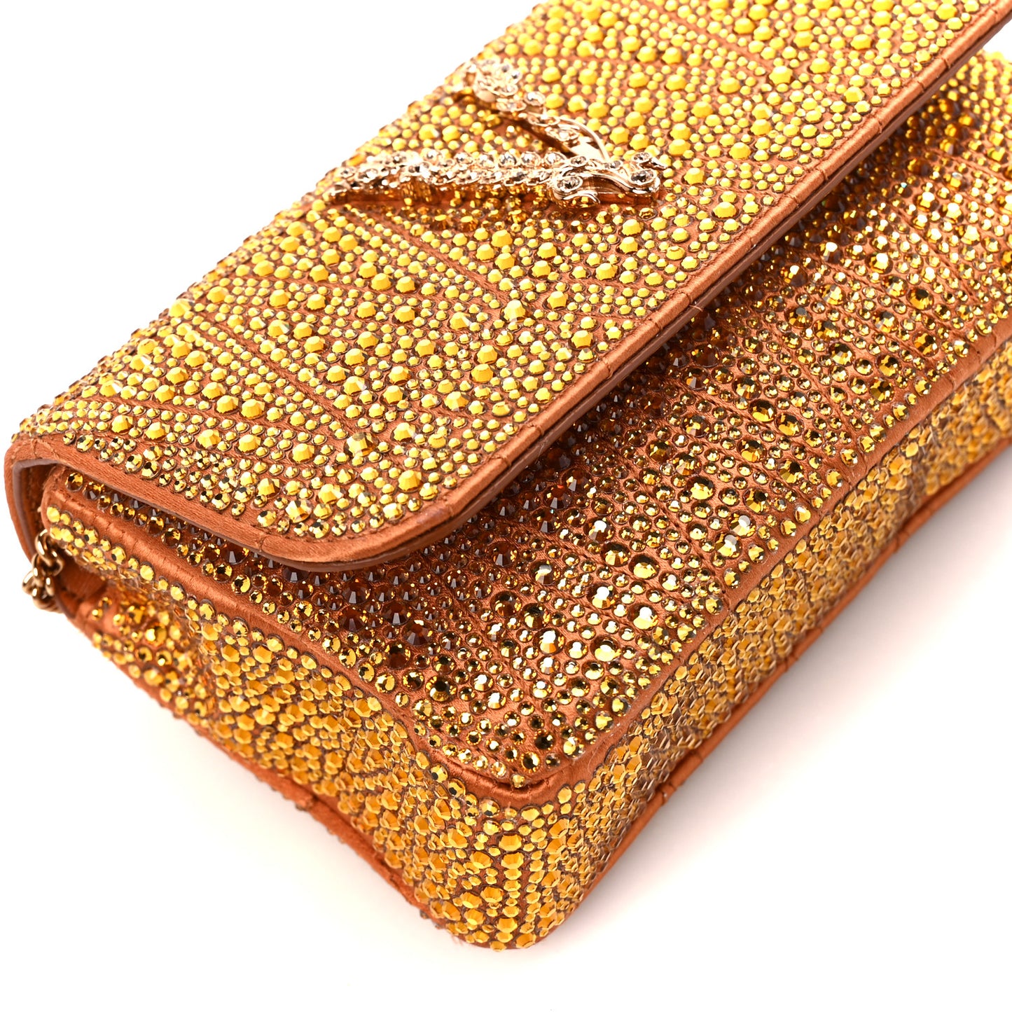 Satin Crystal Virtus Chain Clutch Orange