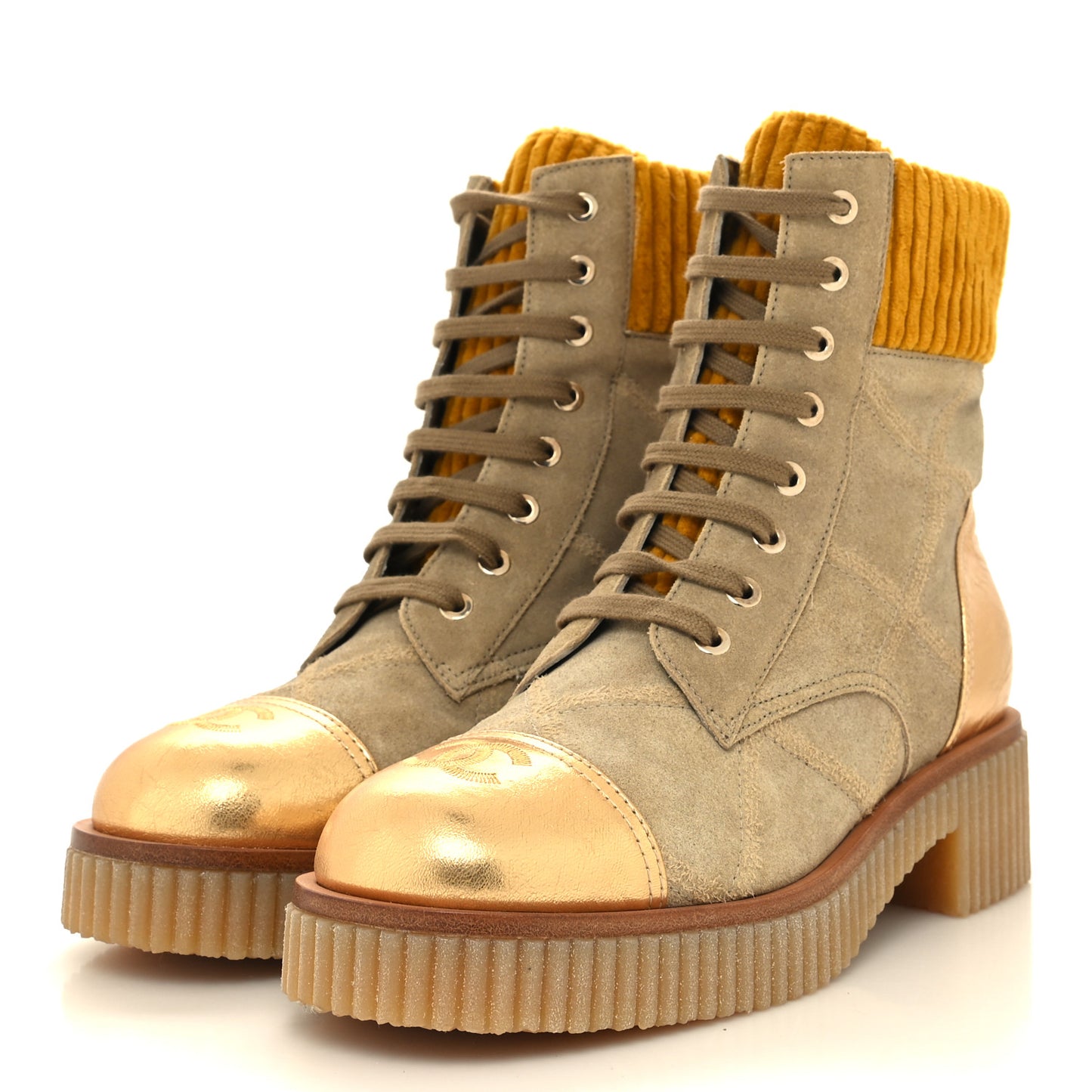 Suede Calfskin Velvet Laminated Quilted CC Combat Boots 38 Beige Yellow Gold