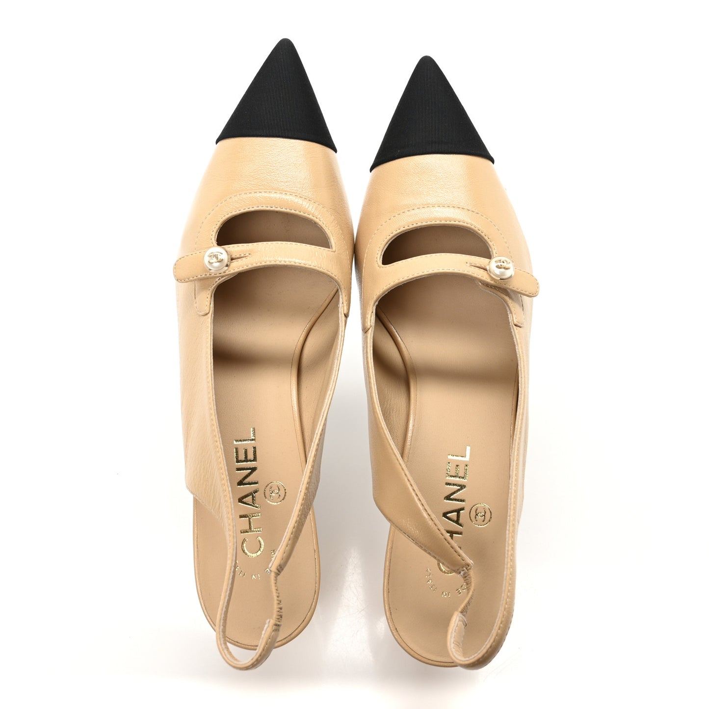 Shiny Lambskin Grosgrain Pointed Toe CC Slingback Pumps 40 Beige Black