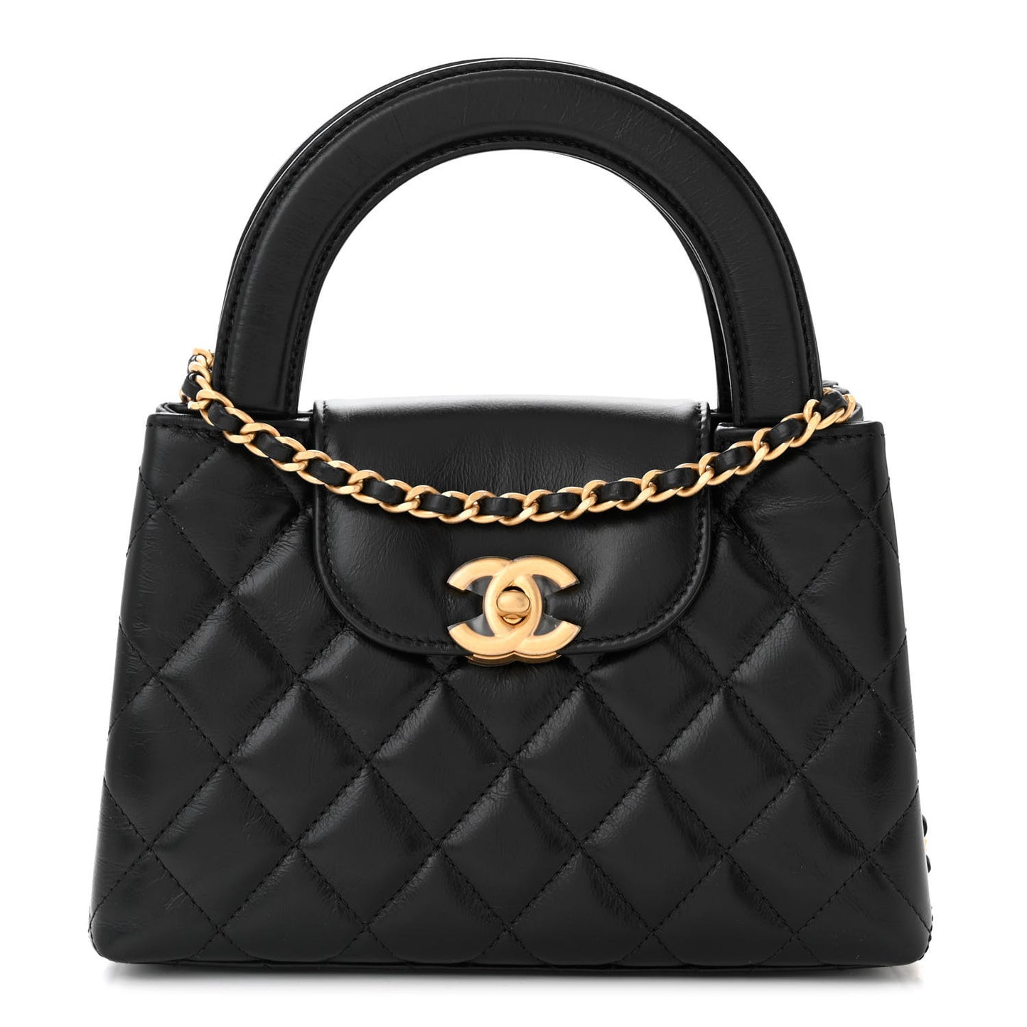 Shiny Aged Calfskin Quilted Nano Kelly Shopper Black