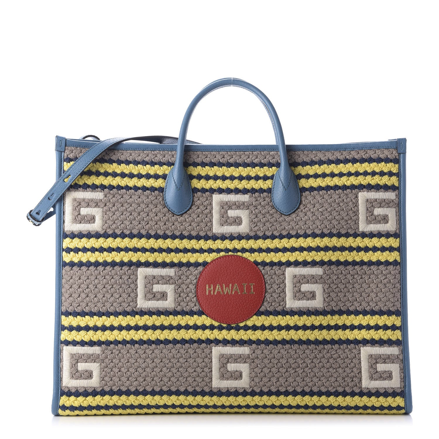 Gucci Fabric Embroidered Hawaii Striped Tote Bag Blue 677875 