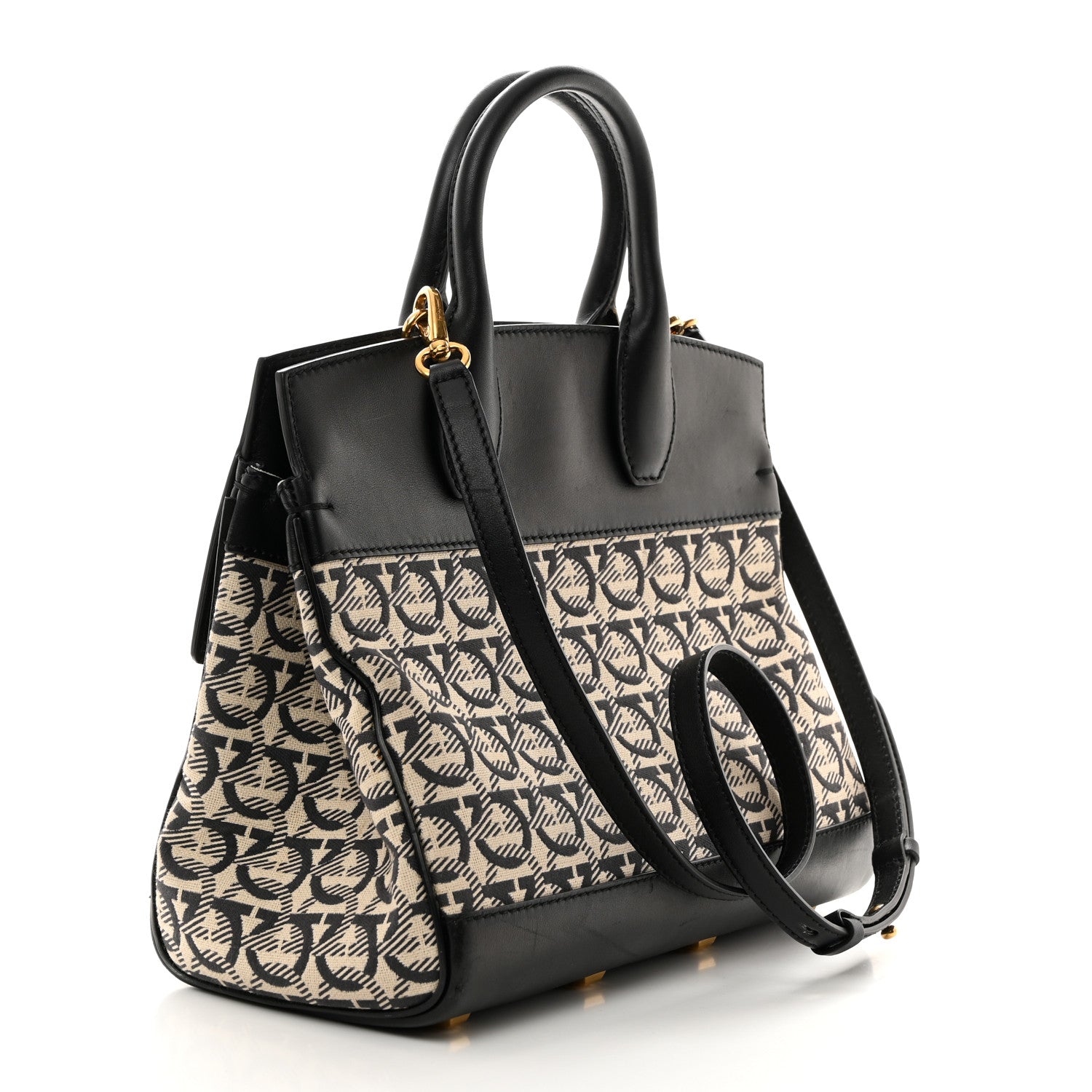 Salvatore Ferragamo Canvas Calfskin Gancini The Studio Bag Black Beige 4 of 11