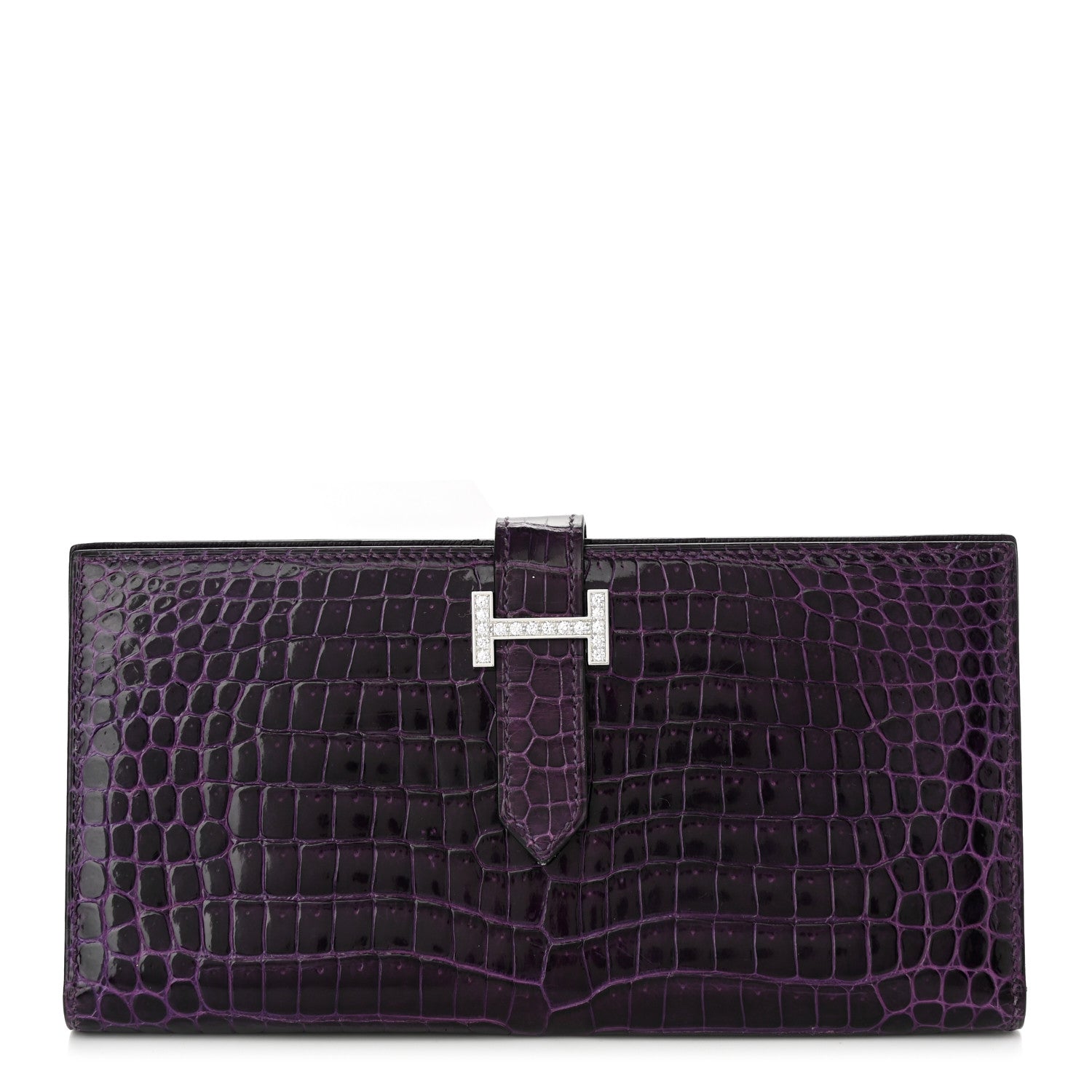 Hermes Shiny Porosus Crocodile 18K Gold Diamond Bearn Wallet