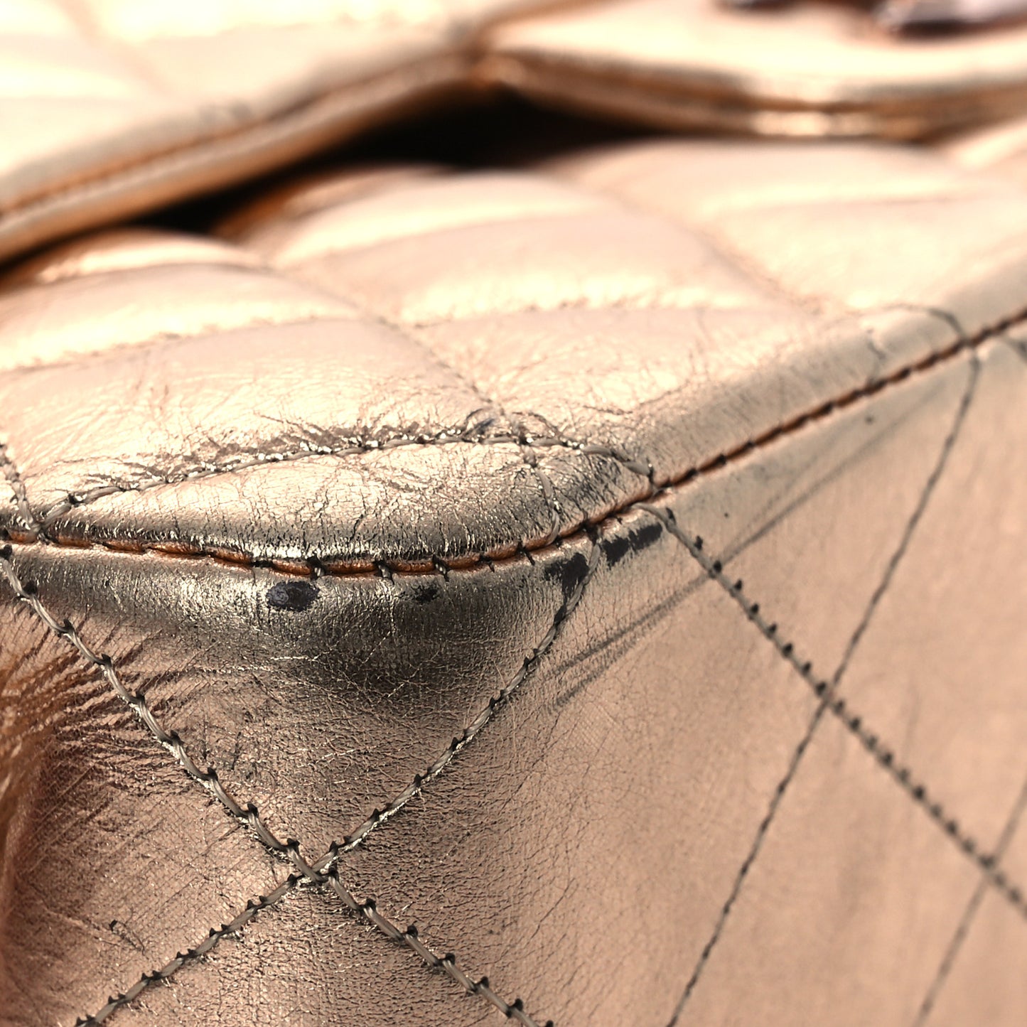 Metallic Aged Calfskin Quilted Medium Double Flap Gold