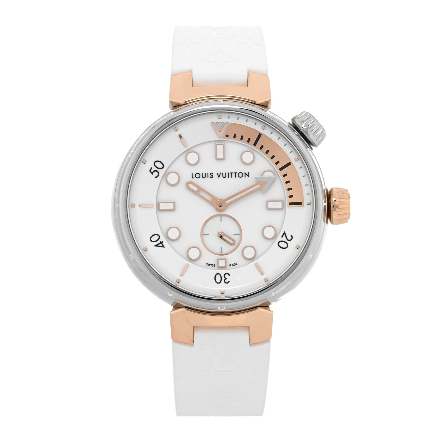Stainless Steel 18K Rose Gold Rubber 39.5mm Tambour Street Diver Quartz Watch White White