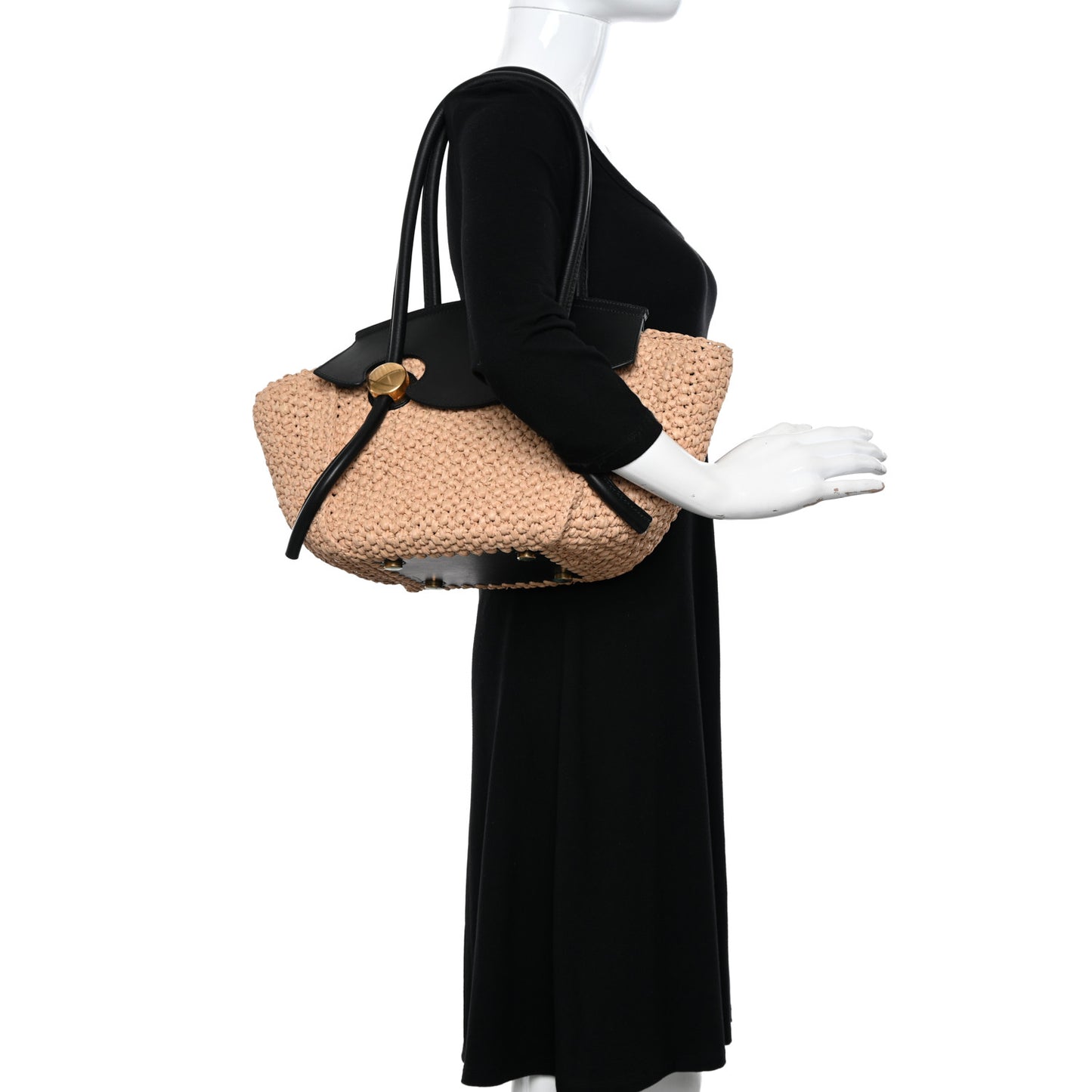 Raffia Calfskin Small Pipe Bag Sand Black