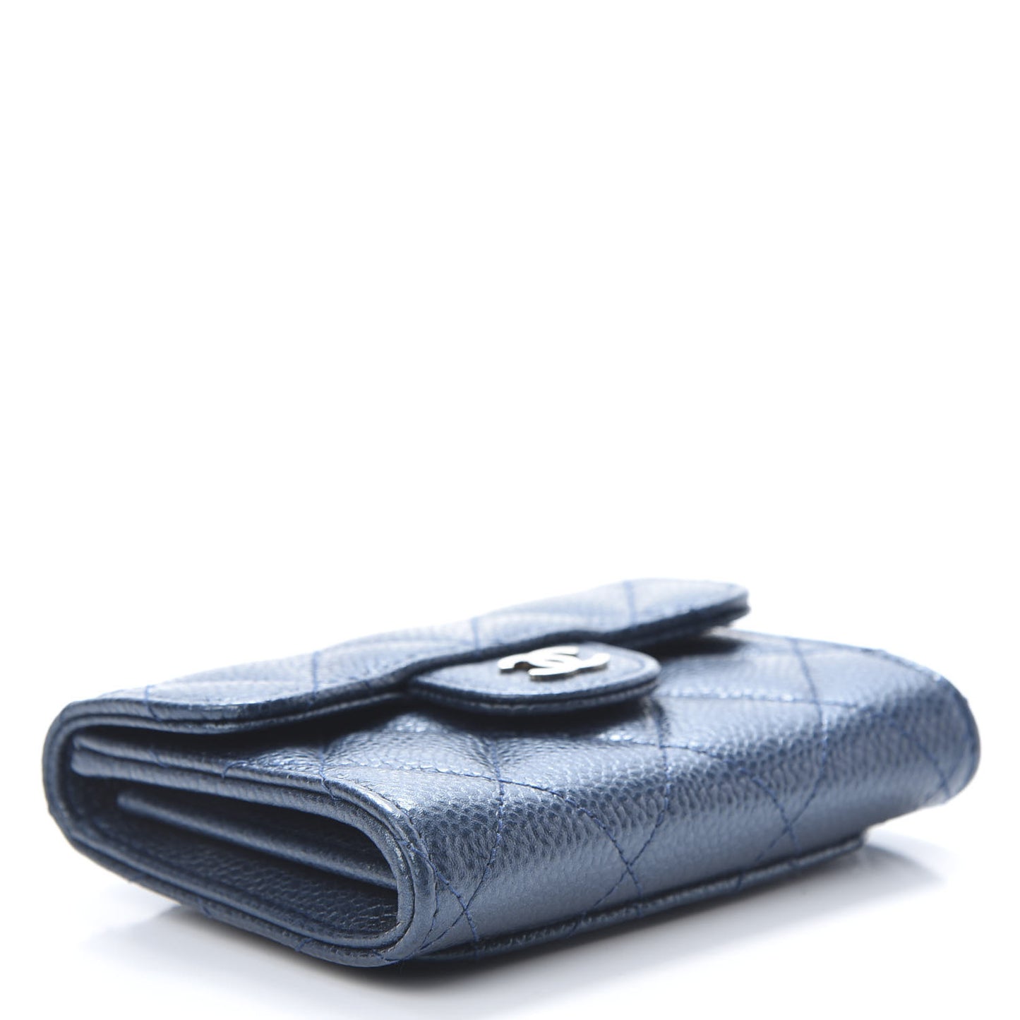 Metallic Caviar Quilted Flap Card Holder Wallet Dark Blue