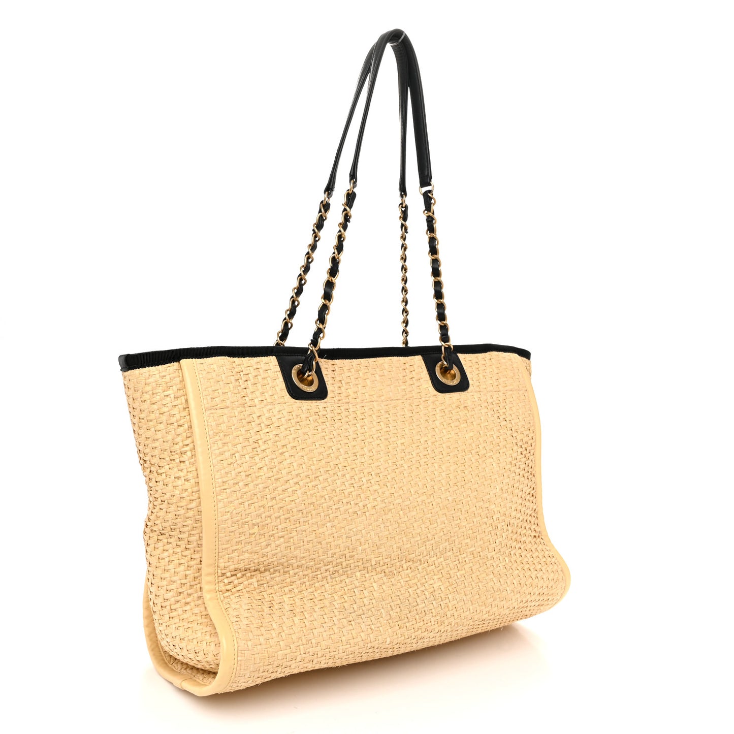 Straw Raffia Calfskin Chain Small Deauville Tote Beige Black