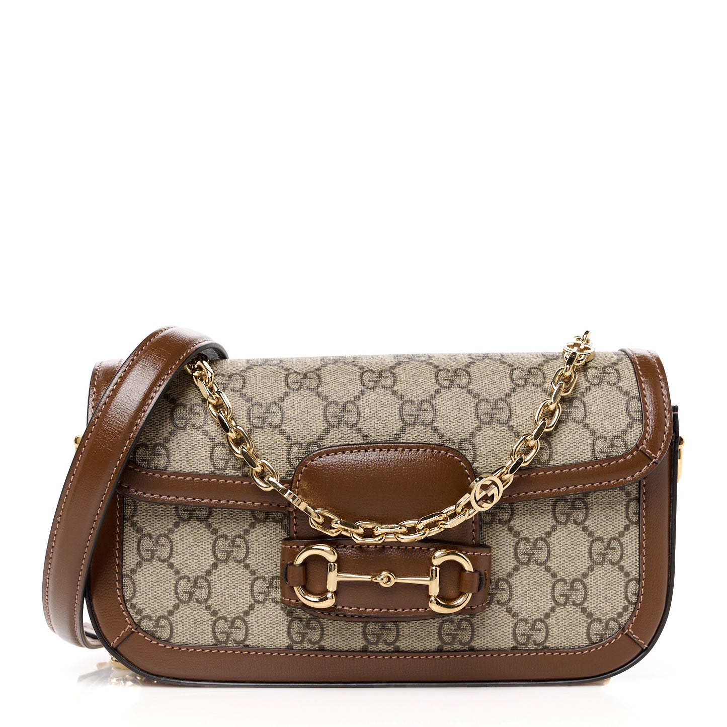GG Supreme Monogram Small Horsebit 1955 Chain Shoulder Bag Beige Ebony Brown Sugar