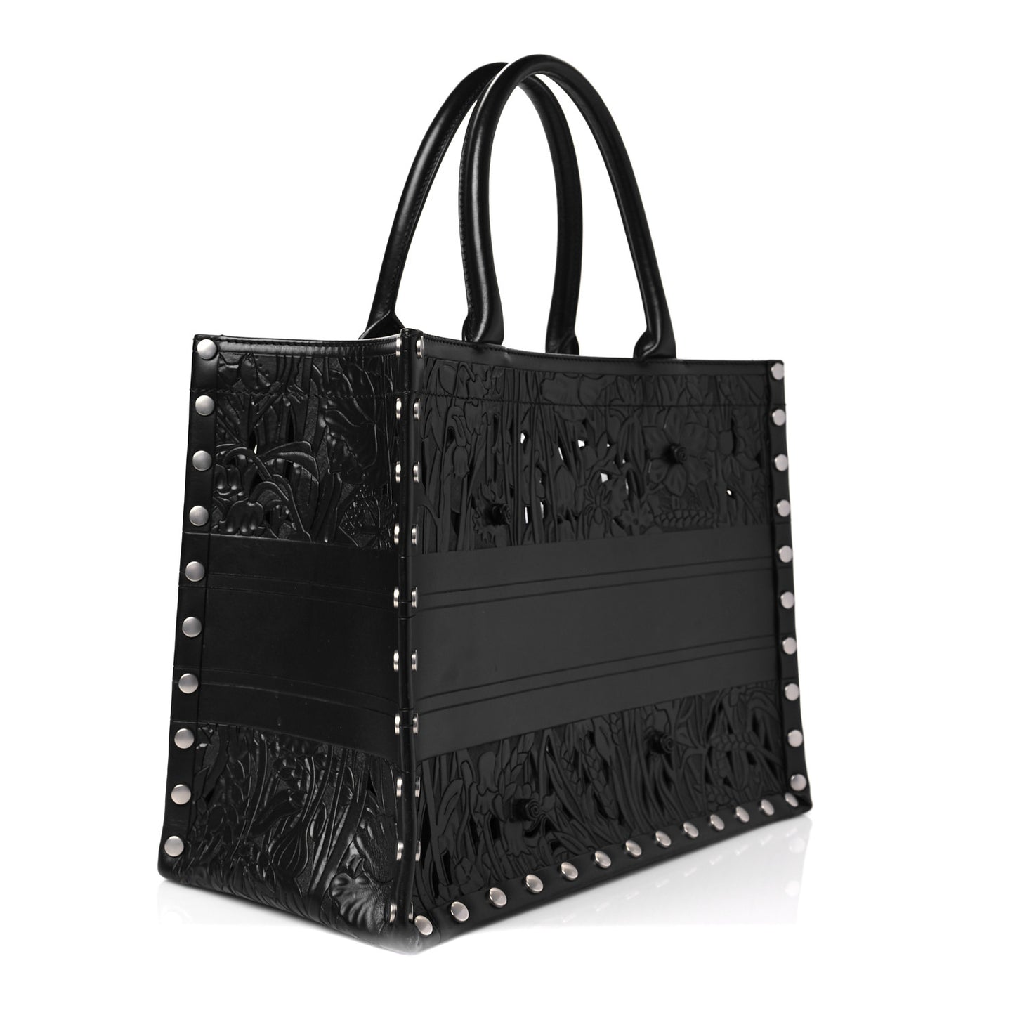 Calfskin Laser Cut Studded Medium Book Tote Black