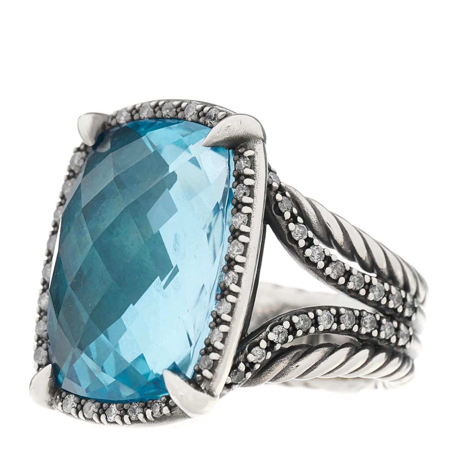 Darkened Sterling Silver Diamond Blue Topaz 20mm Chatelaine Ring 56 7.5