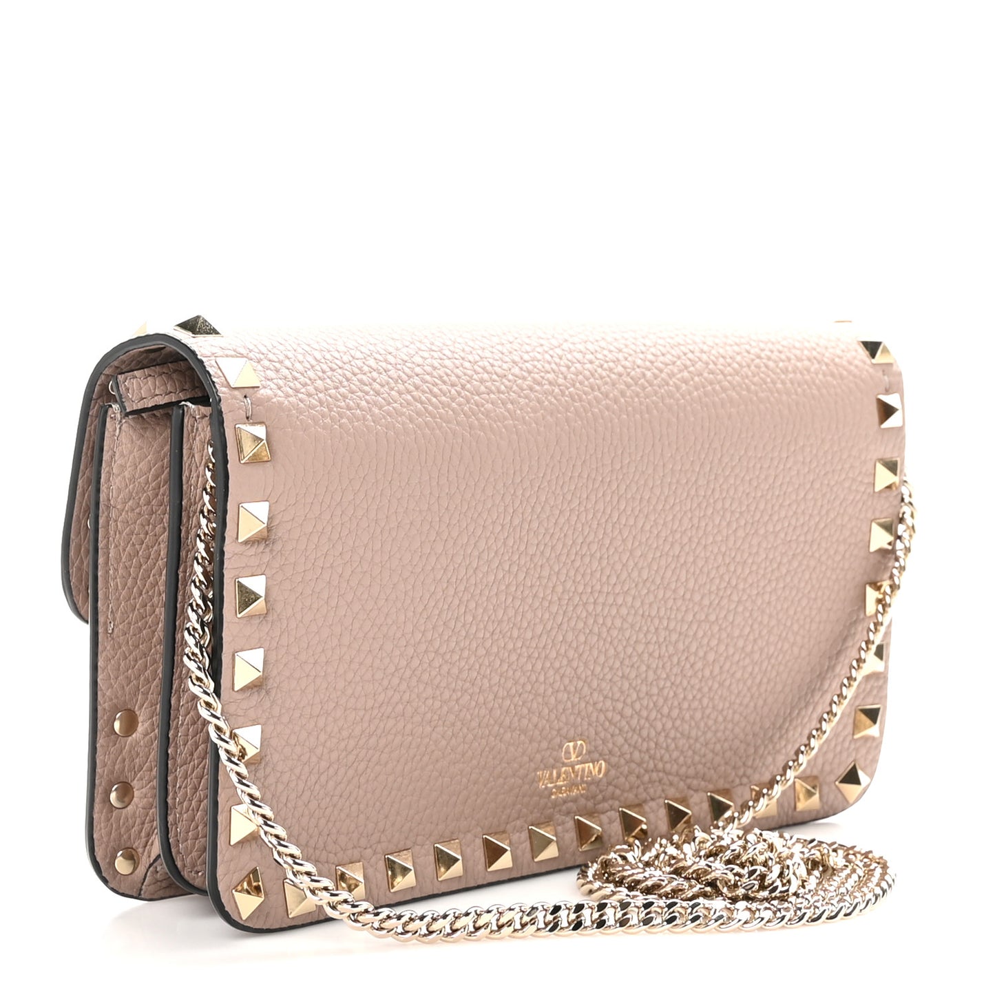 Grainy Calfskin Rockstud Chain Pouch Poudre