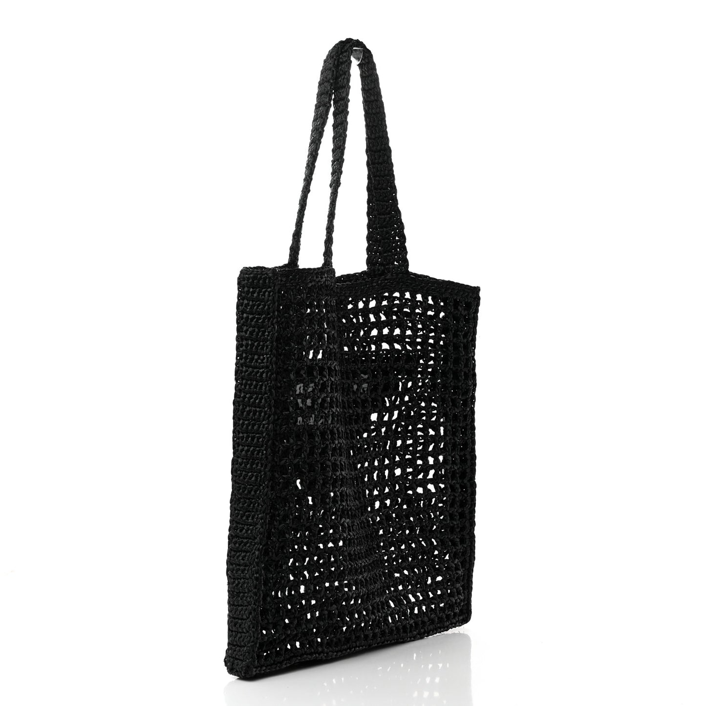 Yarn Raffia Effect Crochet Logo Embroidered Tote Bag Black