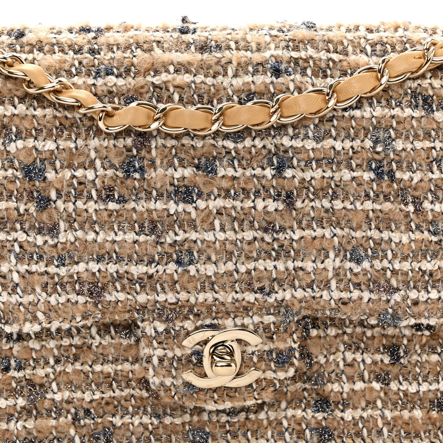 Tweed Quilted Medium Double Flap Beige Gold Multicolor