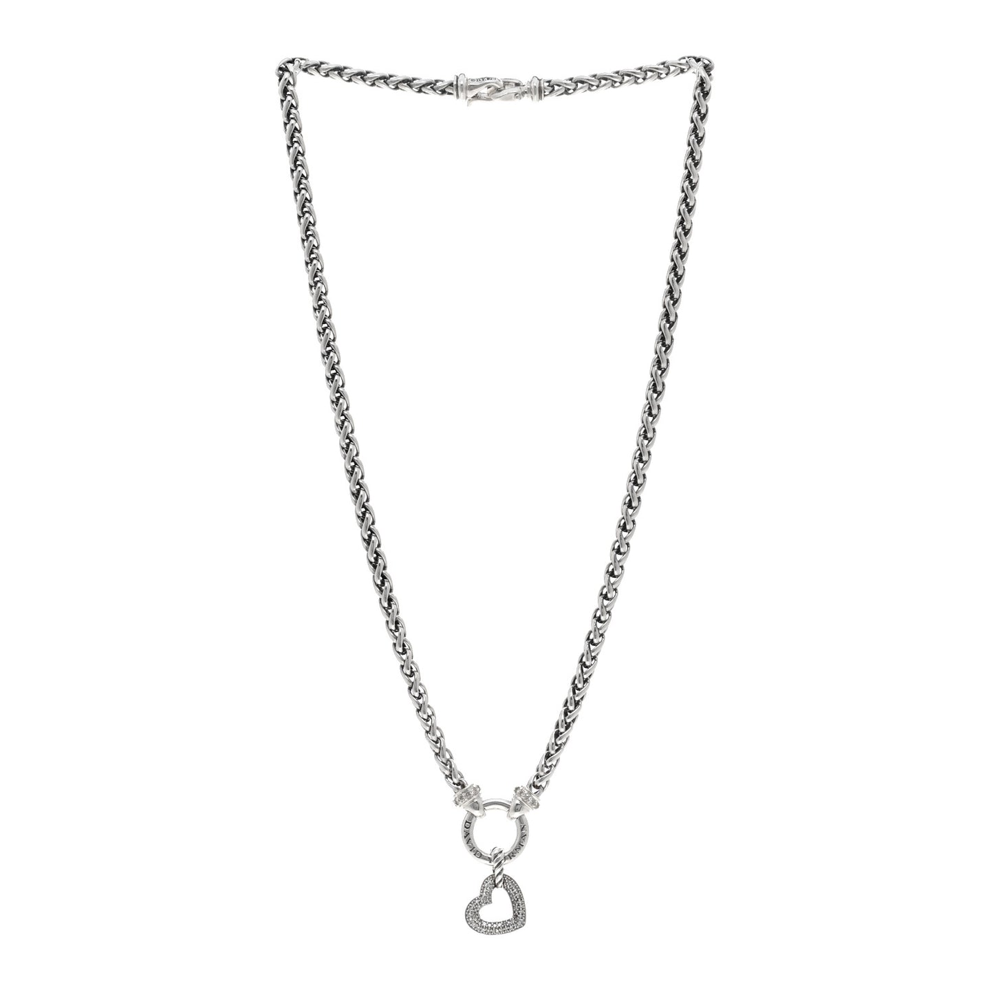 Sterling Silver Diamond Pave Heart Charm Pendant Wheat Chain Necklace