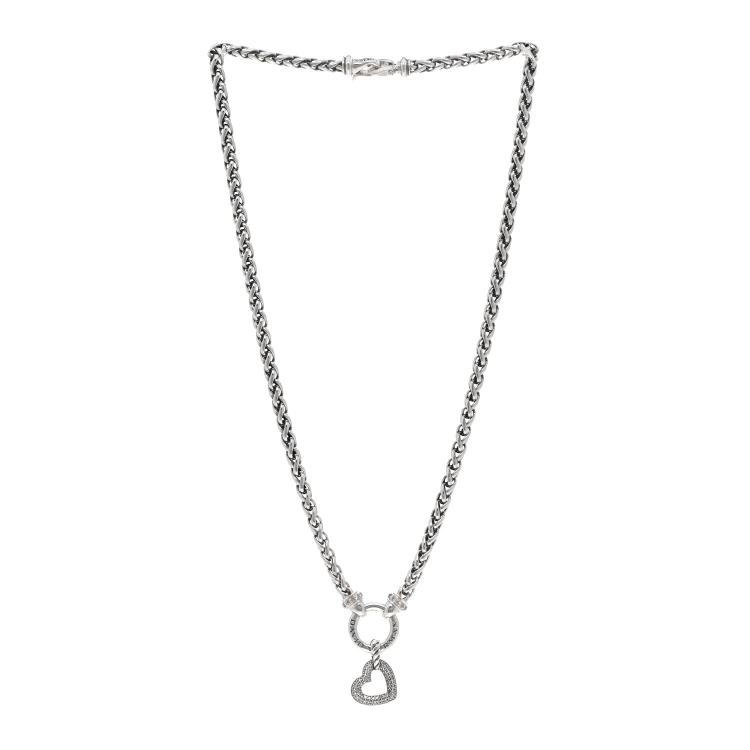 David Yurman Sterling Silver Diamond Pave Heart Charm Pendant Wheat Chain Necklace 3 of 5
