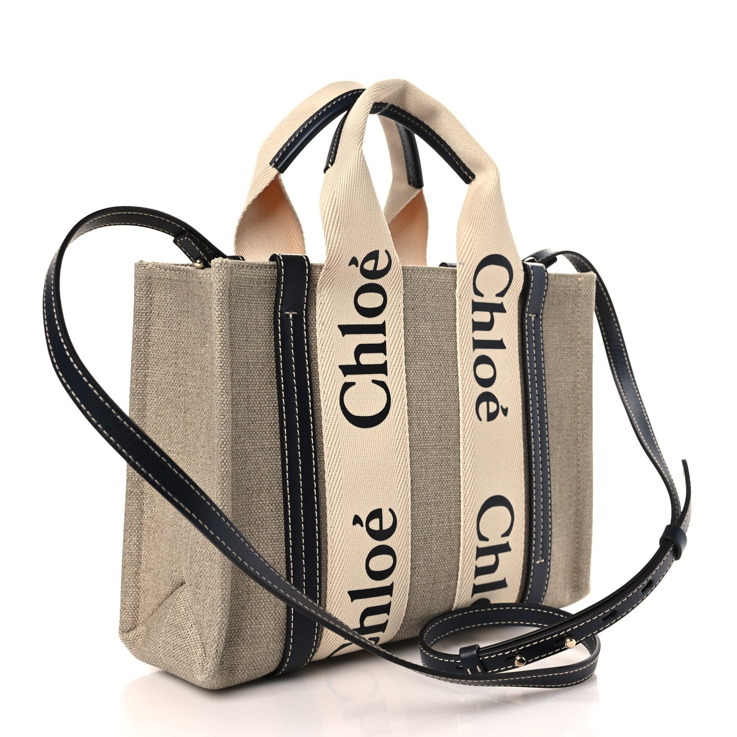 Cotton Calfskin Small Woody Ribbon Tote With Strap White Navy