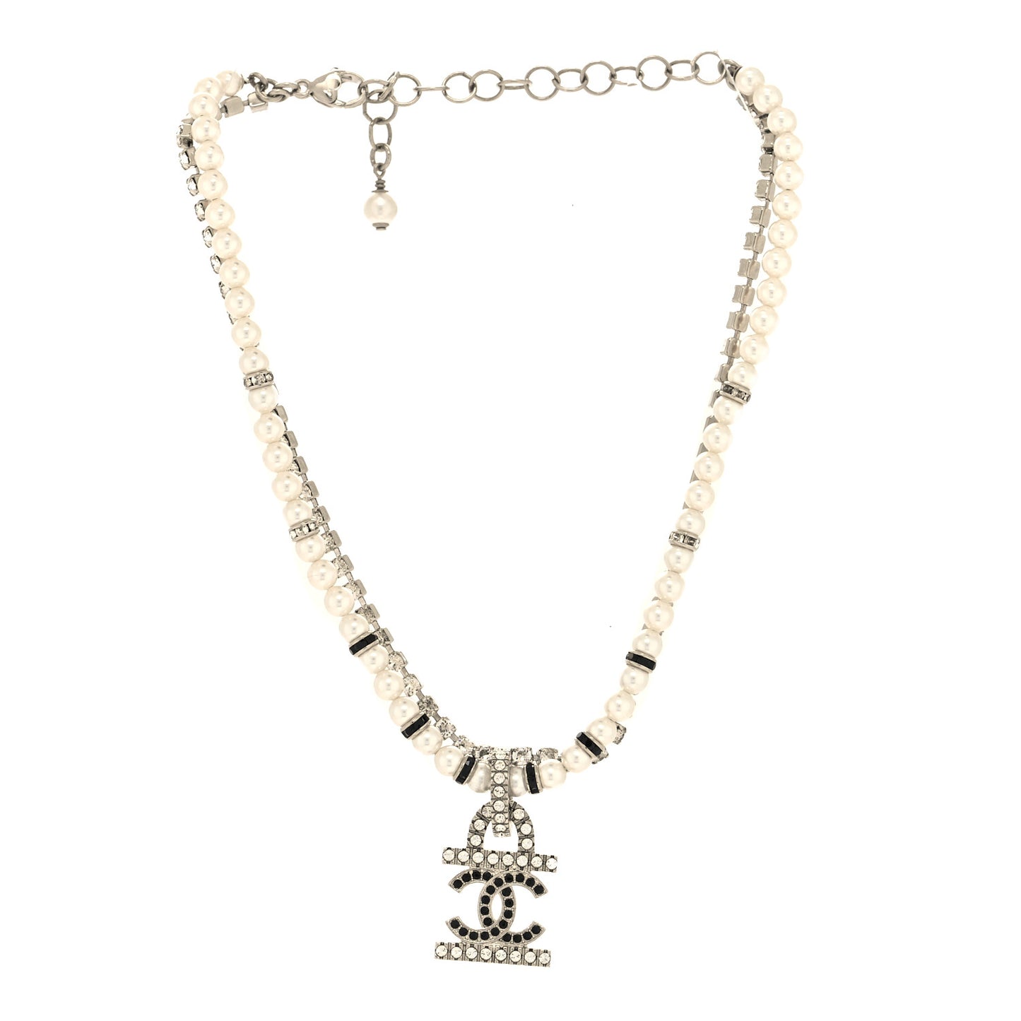 Pearl Crystal CC Choker Necklace Silver White Black