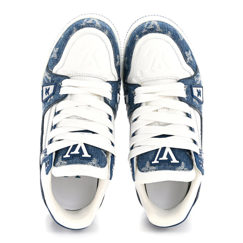 Calfskin Embossed Monogram Denim Womens LV Trainer Sneakers 35.5 Blue