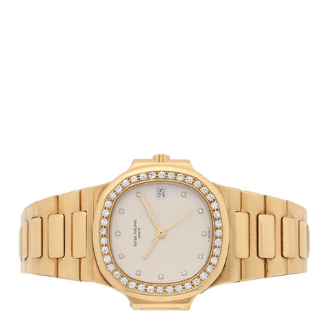 18K Yellow Gold Diamond Bezel 37mm Nautilus Quartz Watch Silver 3800/3
