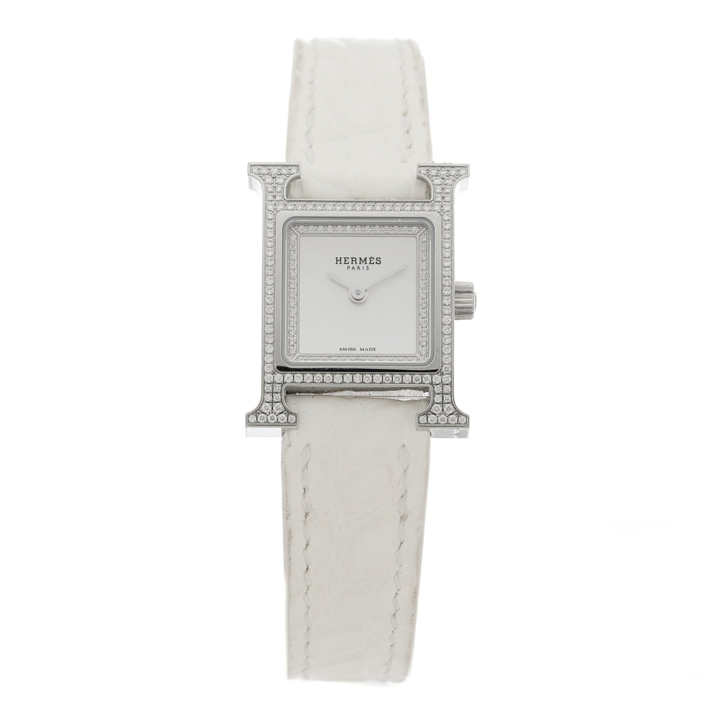 Stainless Steel Alligator Diamond Pave Bezel Mother of Pearl 17.2mm Heure H Hour Quartz Watch Blanc