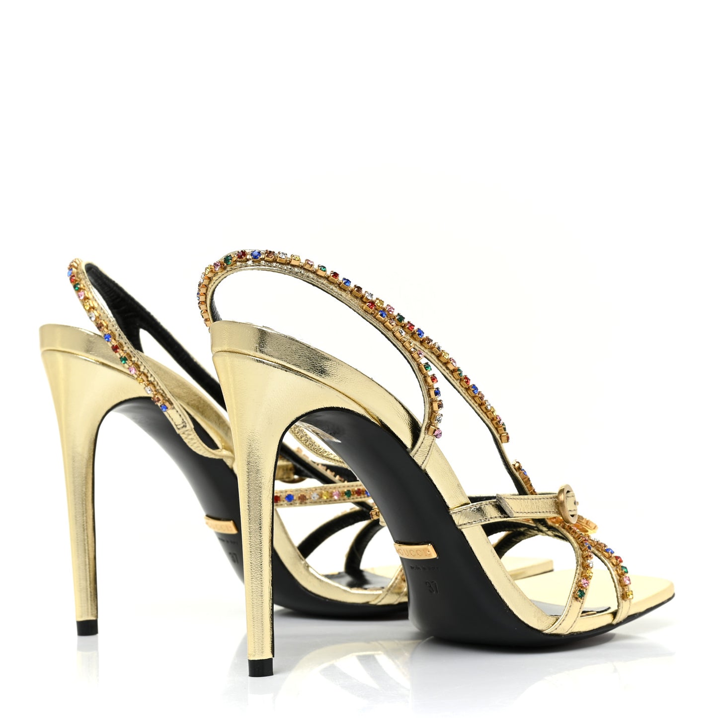 Metallic Nappa Crystal Embellished Carmen High Heel Sandals 37 Platino