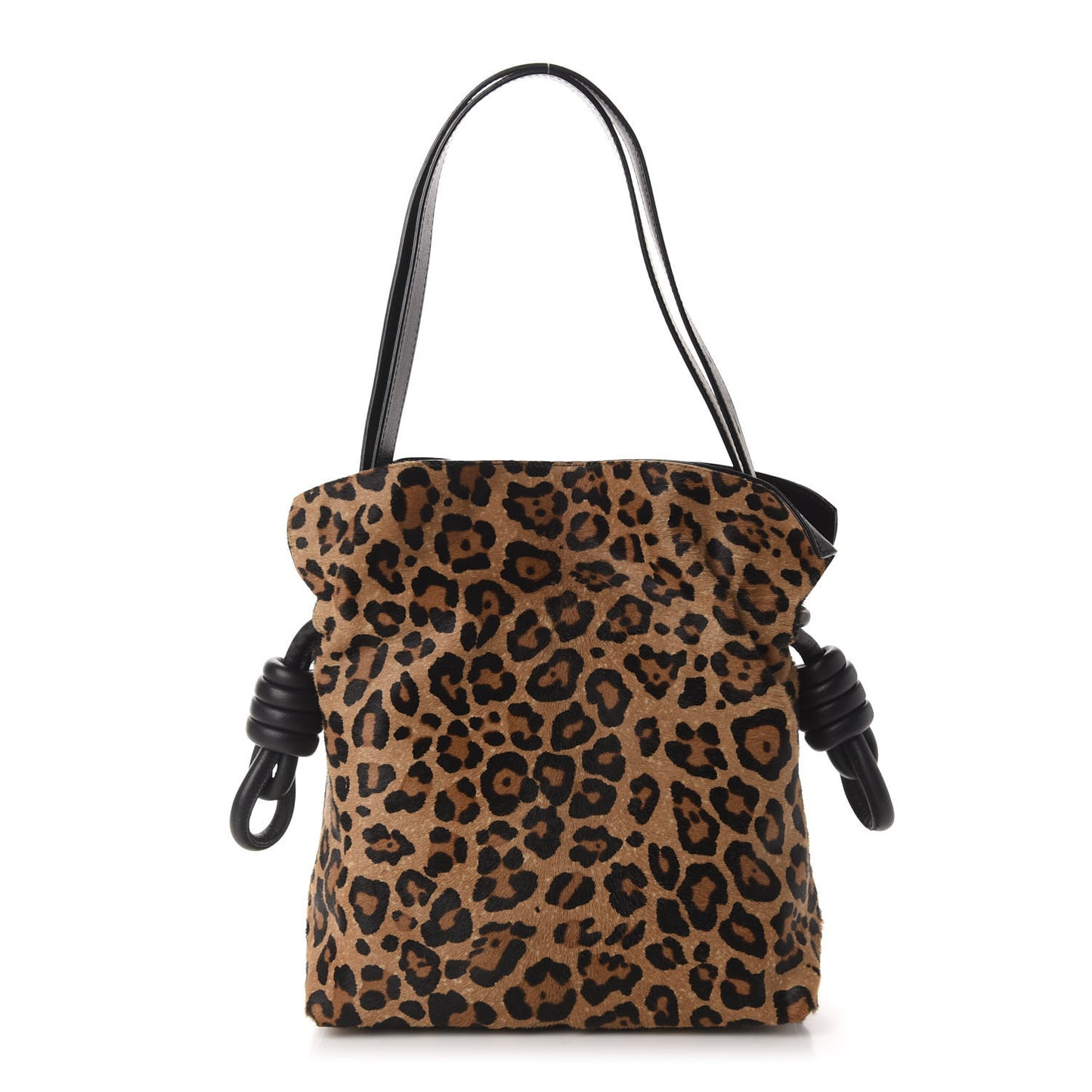 Calfskin Pony Hair Leopard Print Flamenco Knot Bag Black