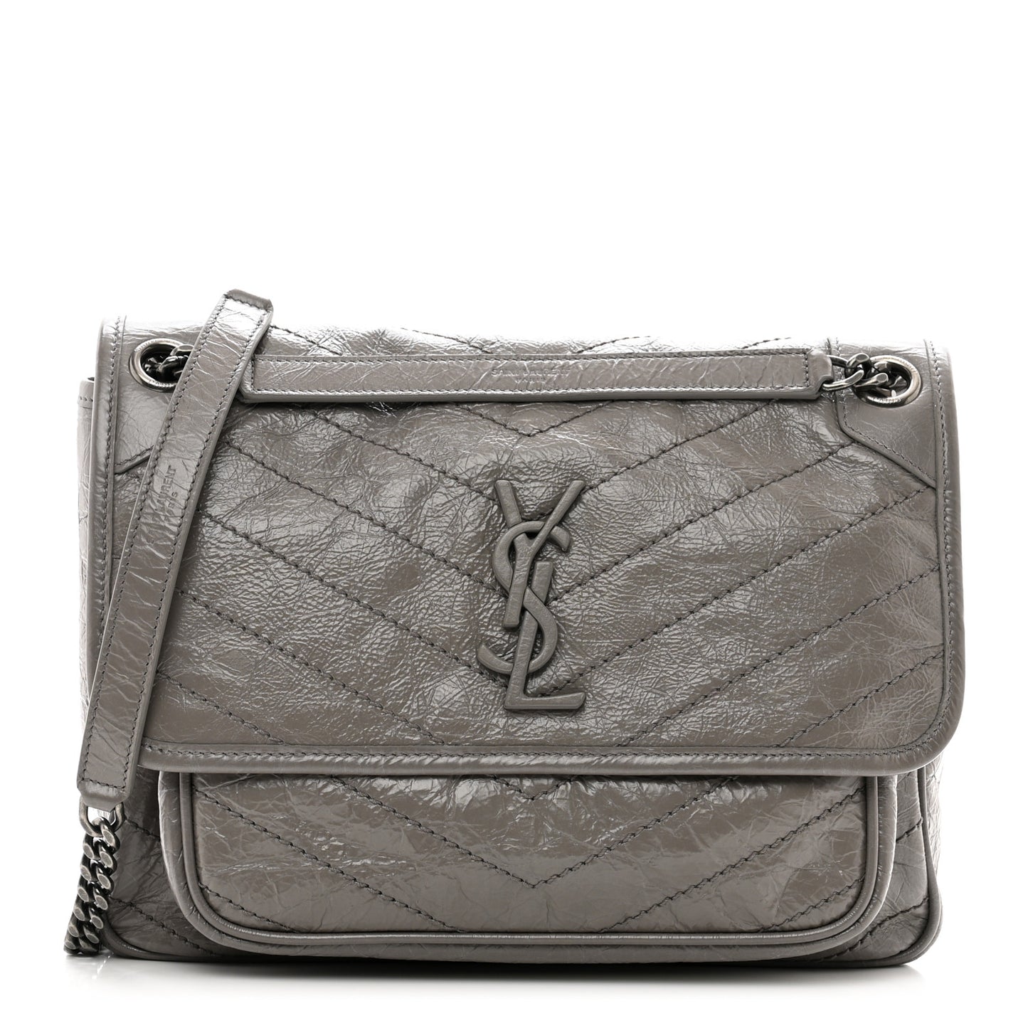 Crinkled Calfskin Matelasse Monogram Medium Niki Chain Satchel Fog