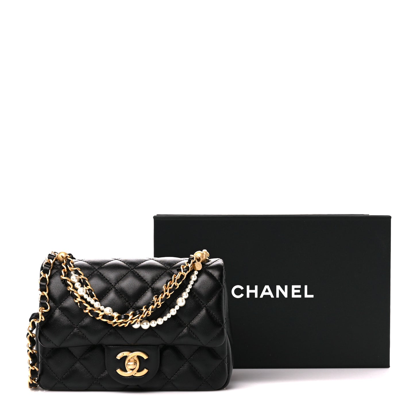 Shiny Lambskin Quilted Pearl Twist Mini Square Flap Black