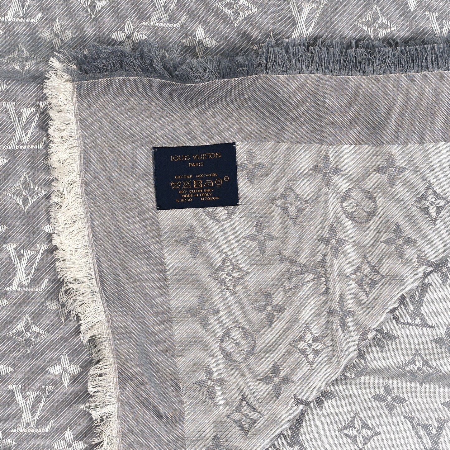 Wool Silk Monogram Denim Shawl Pearl Grey