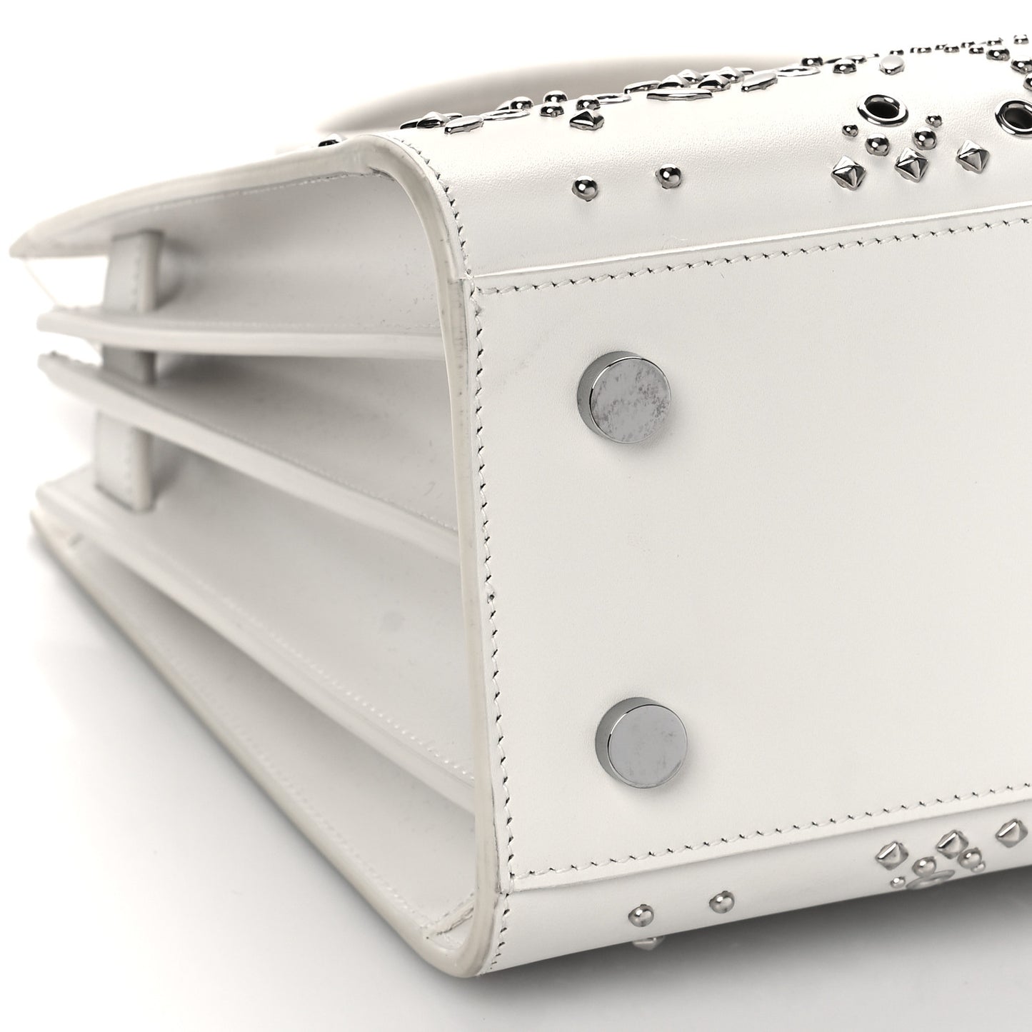 Calfskin Perforated Studded Baby Sac De Jour White