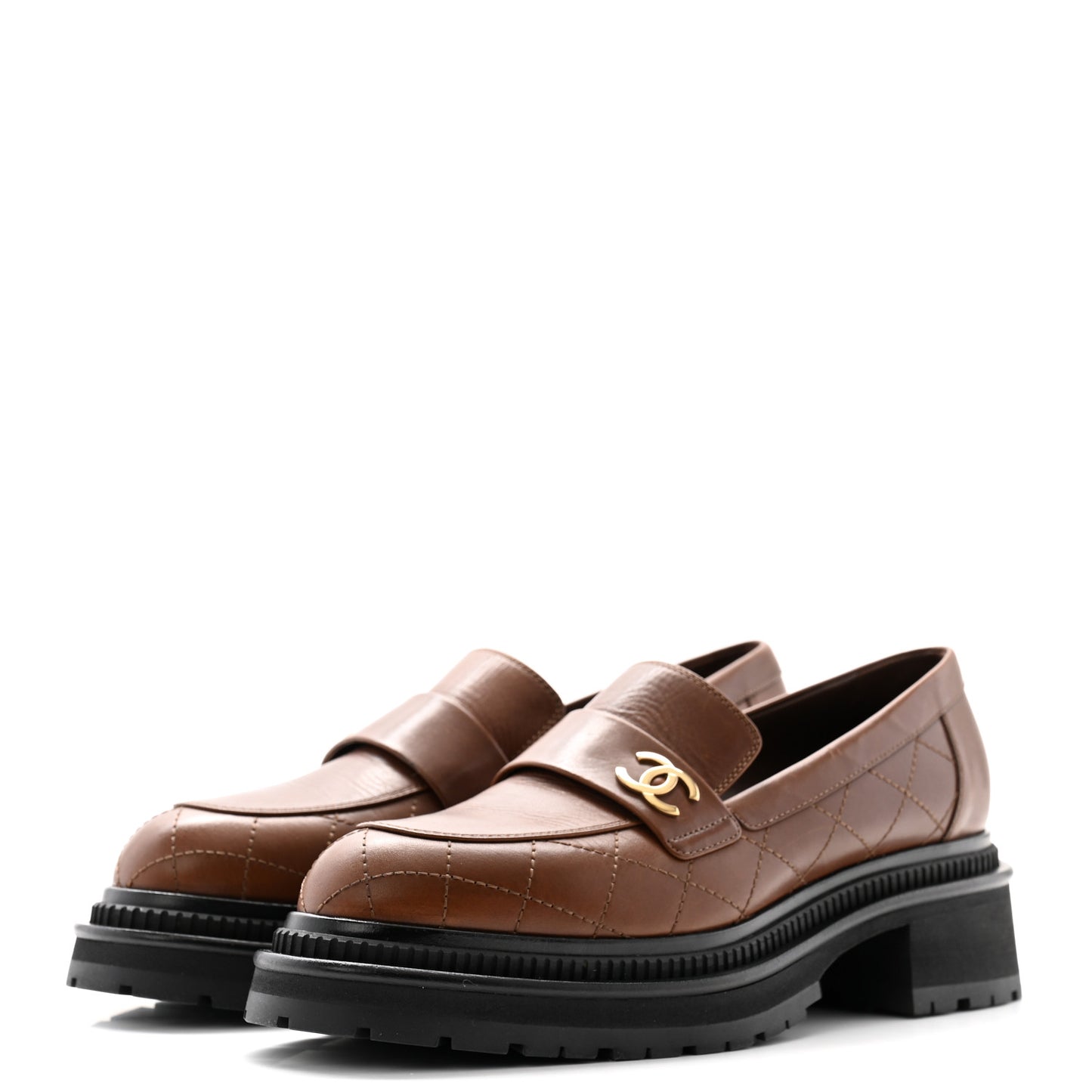 Calfskin Quilted CC Mocassin Loafers 41 Brown