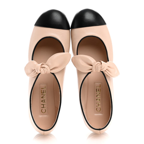Lambskin Bow Mary Jane Flats 38 Beige Black
