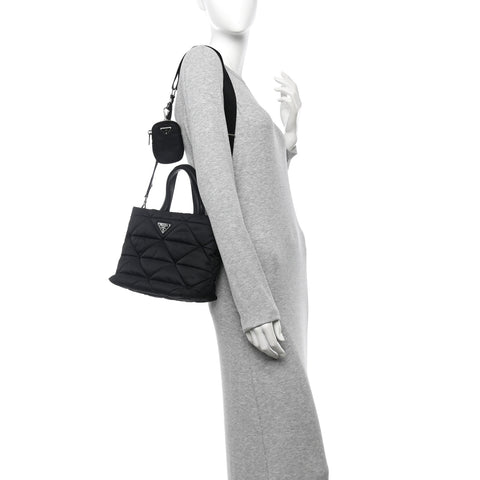 Re-Nylon Nappa Triangle Quilted Padded Double Handled Zip Pocket Tote Black