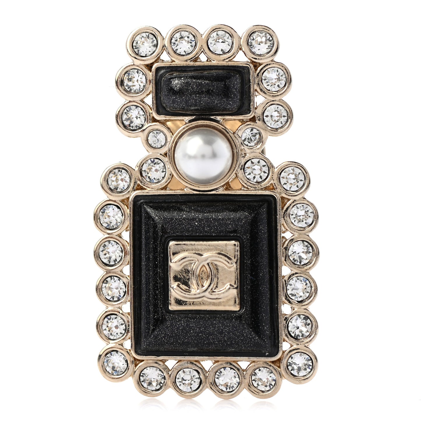 Resin Crystal Pearl Perfume Bottle CC Brooch Black Gold
