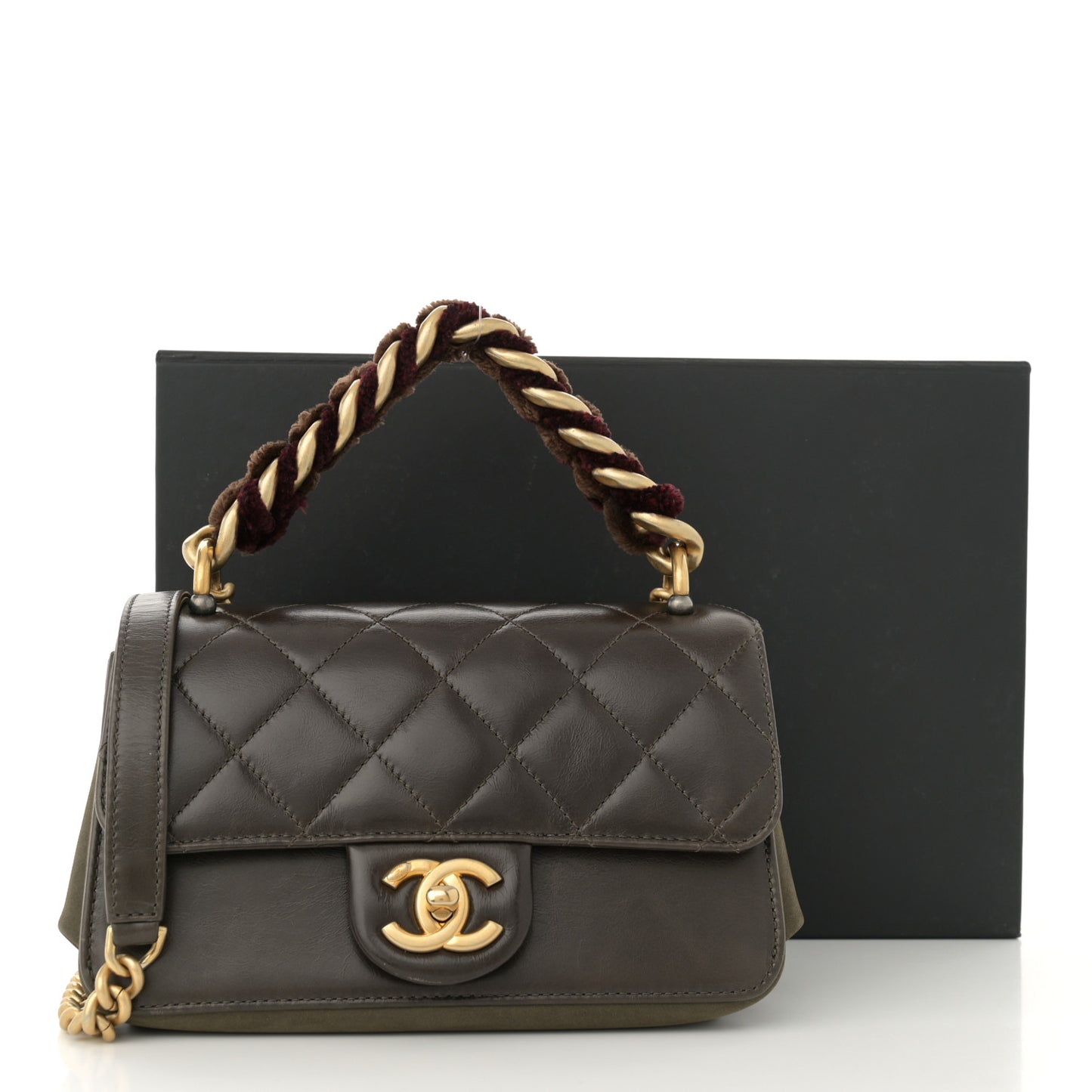Iridescent Calfskin Quilted Small Straight Lined Flap Khaki