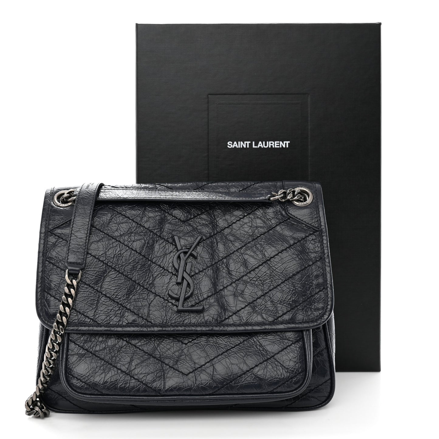 Crinkled Calfskin Matelasse Monogram Medium Niki Chain Satchel Deep Marine