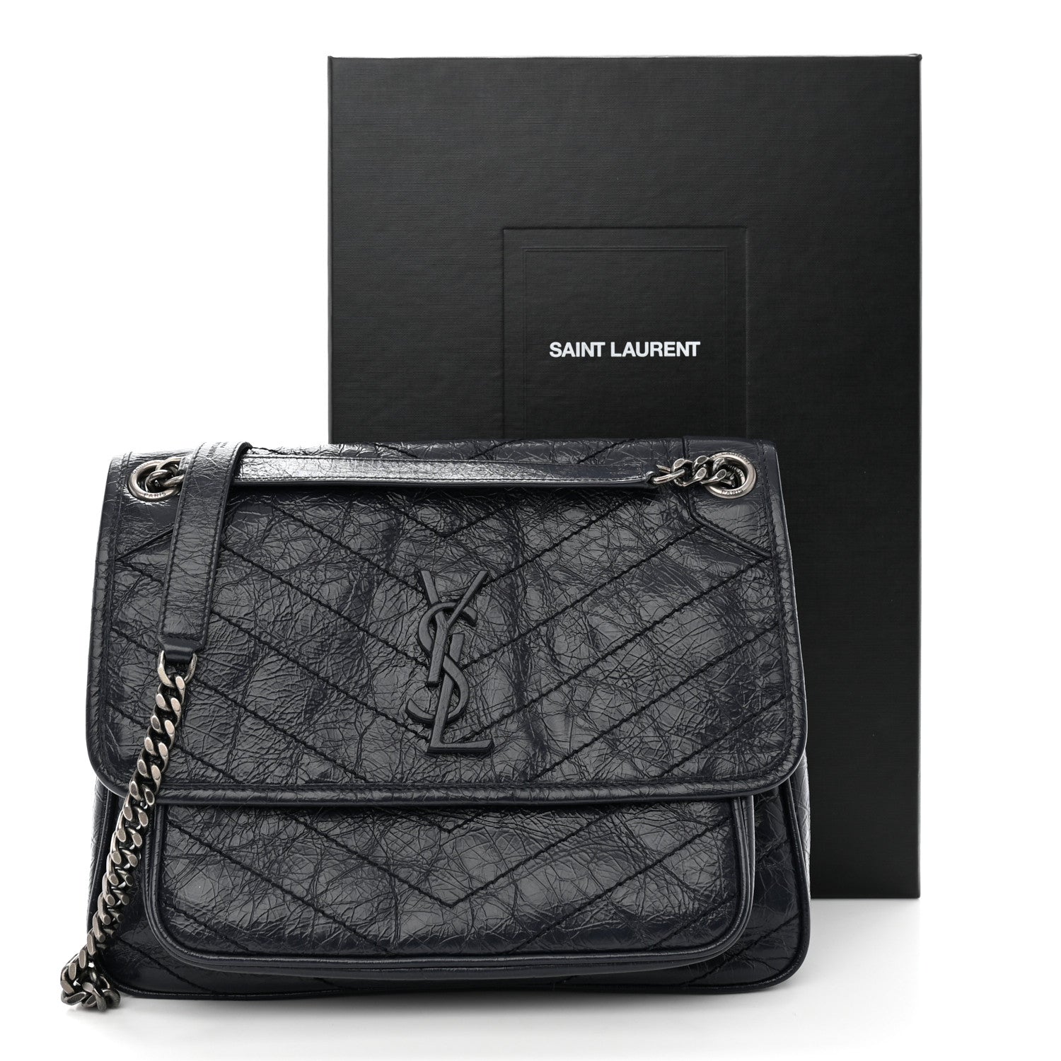 Saint Laurent Crinkled Calfskin Matelasse Monogram Medium Niki Chain Satchel Deep Marine 13 of 13