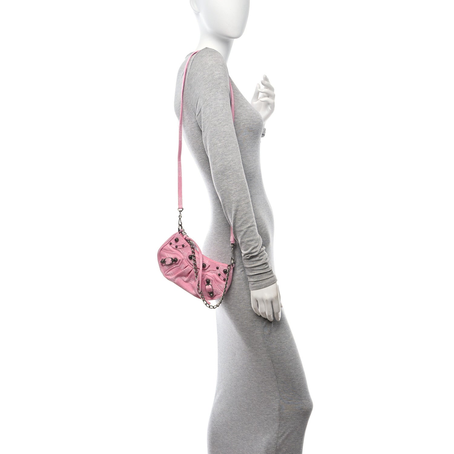 Balenciaga Washed Denim BB Monogram Le Cagole Mini Purse With Chain Pink 3 of 9