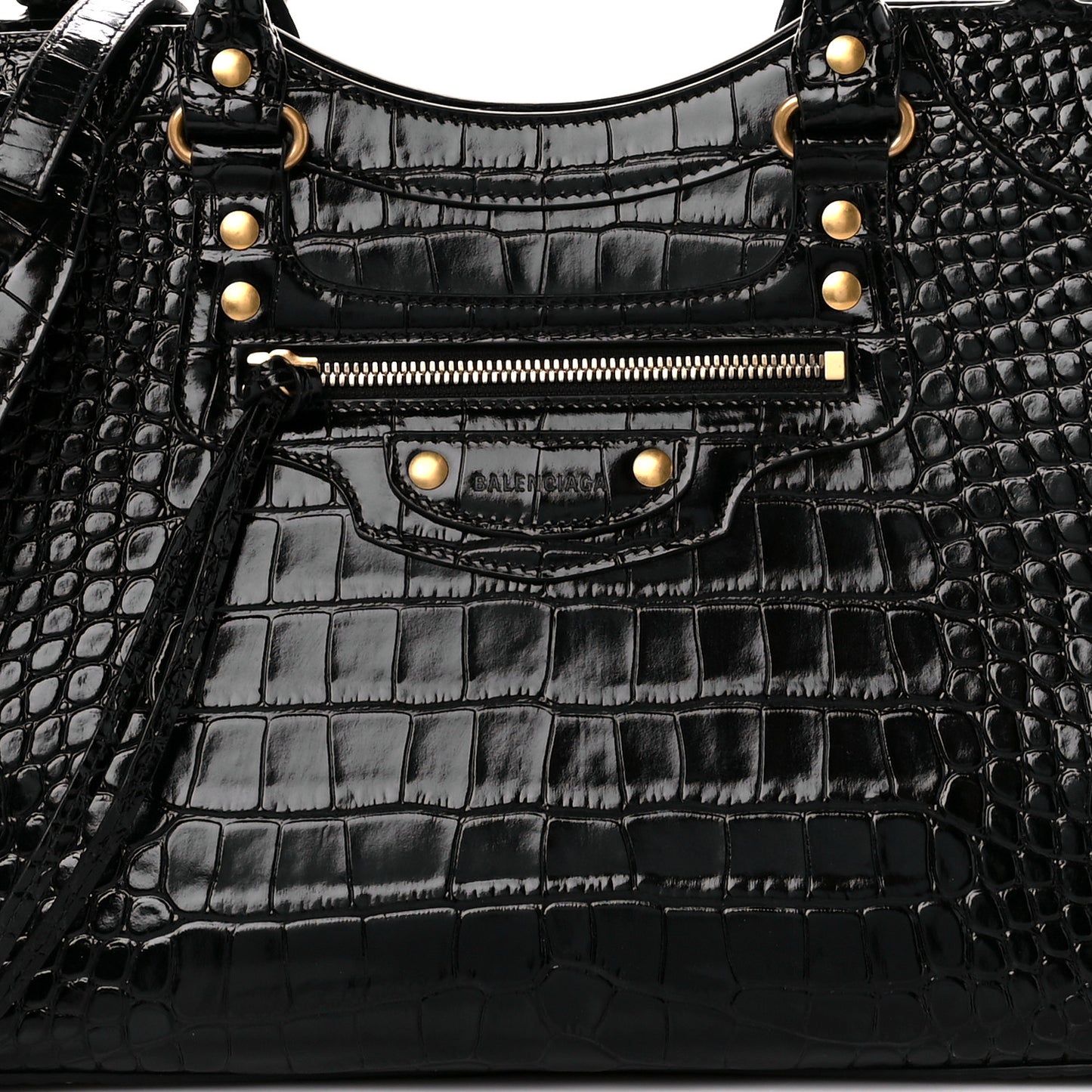 Shiny Supple Calfskin Crocodile Embossed Brass Hardware Neo Classic City Black
